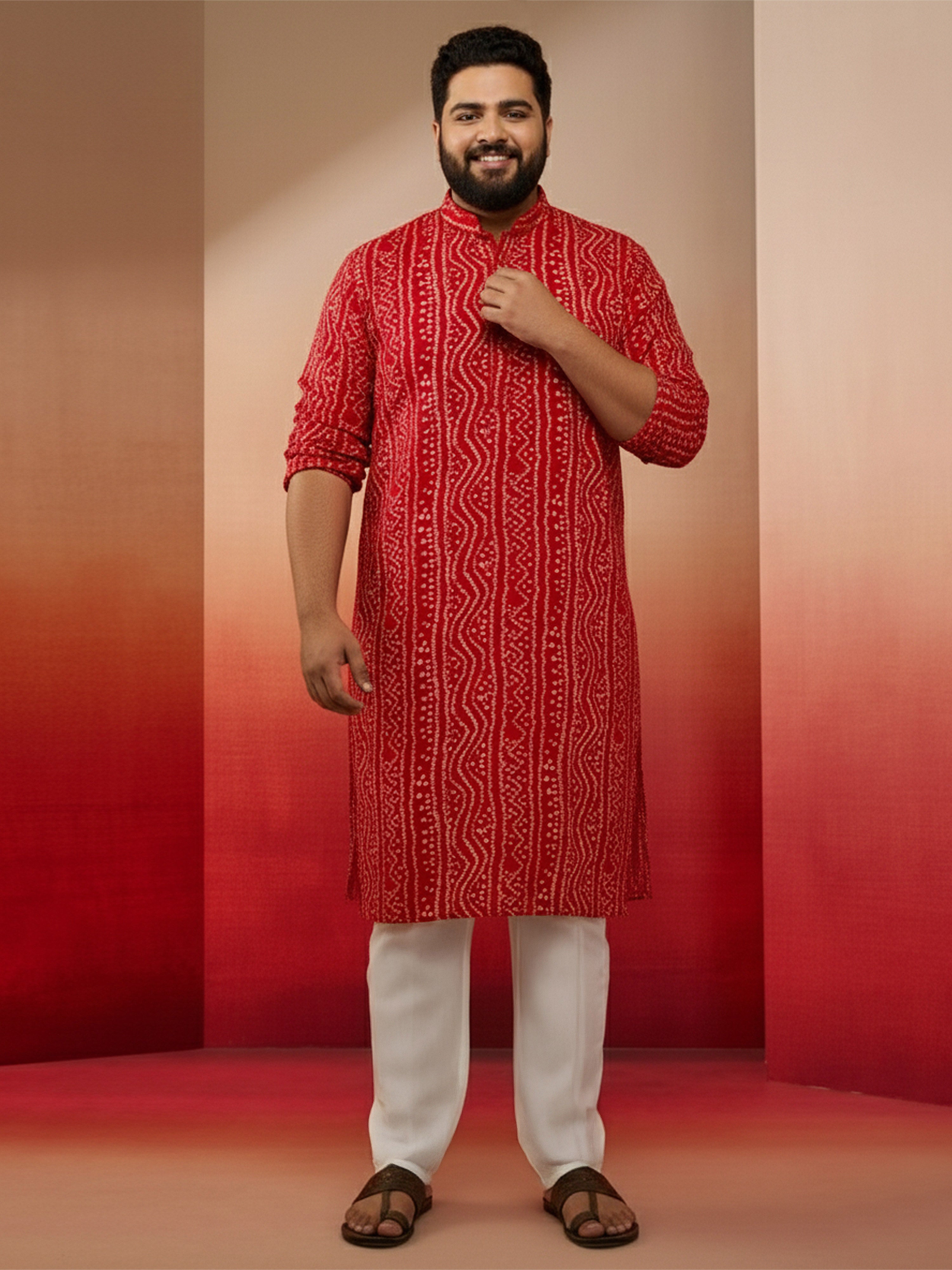 Men's Plus Size Red Bandhni Kurta