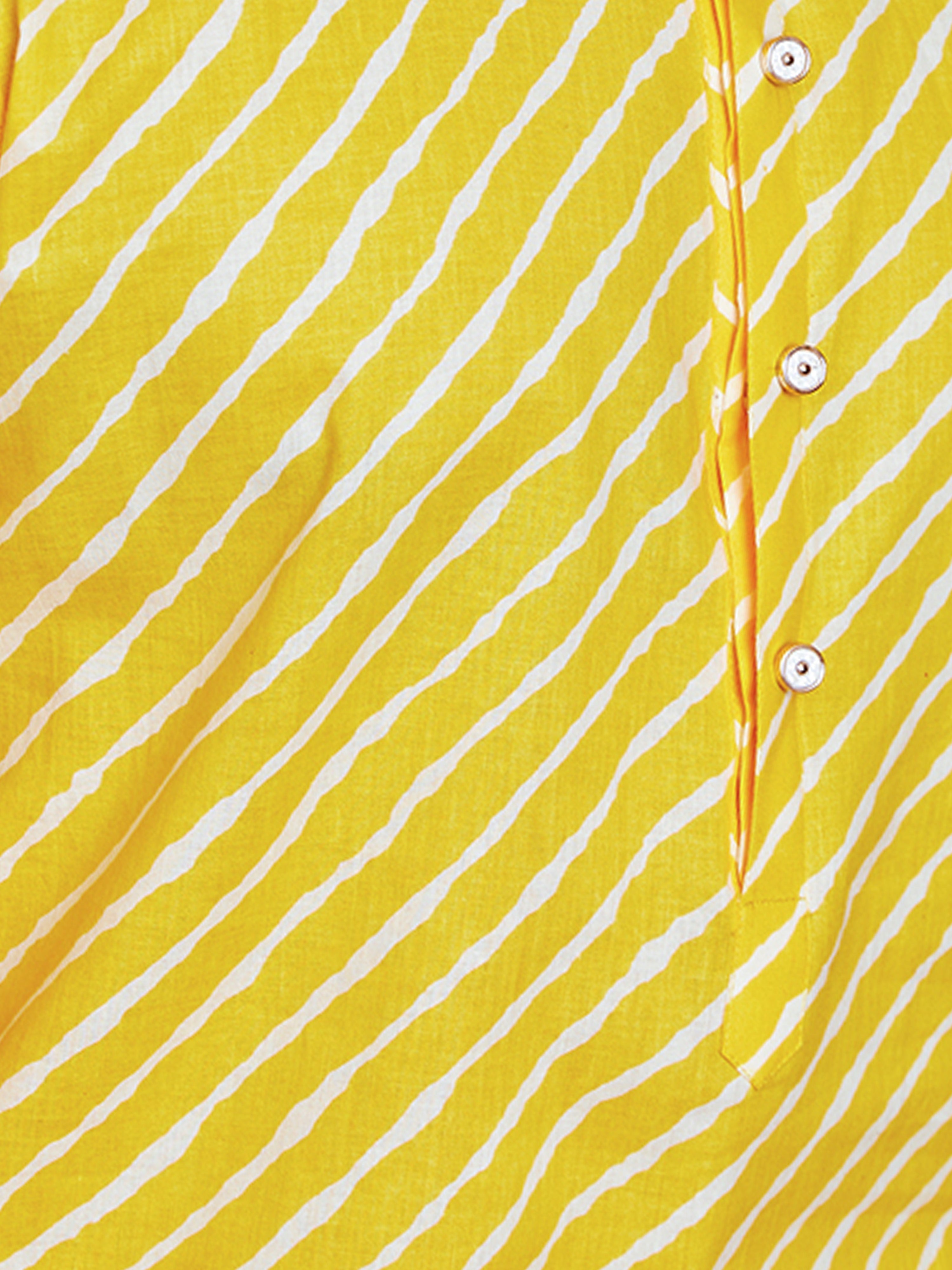 Men's Yellow Cotton Lehariya Print Kurta with Cream Pyjama Set