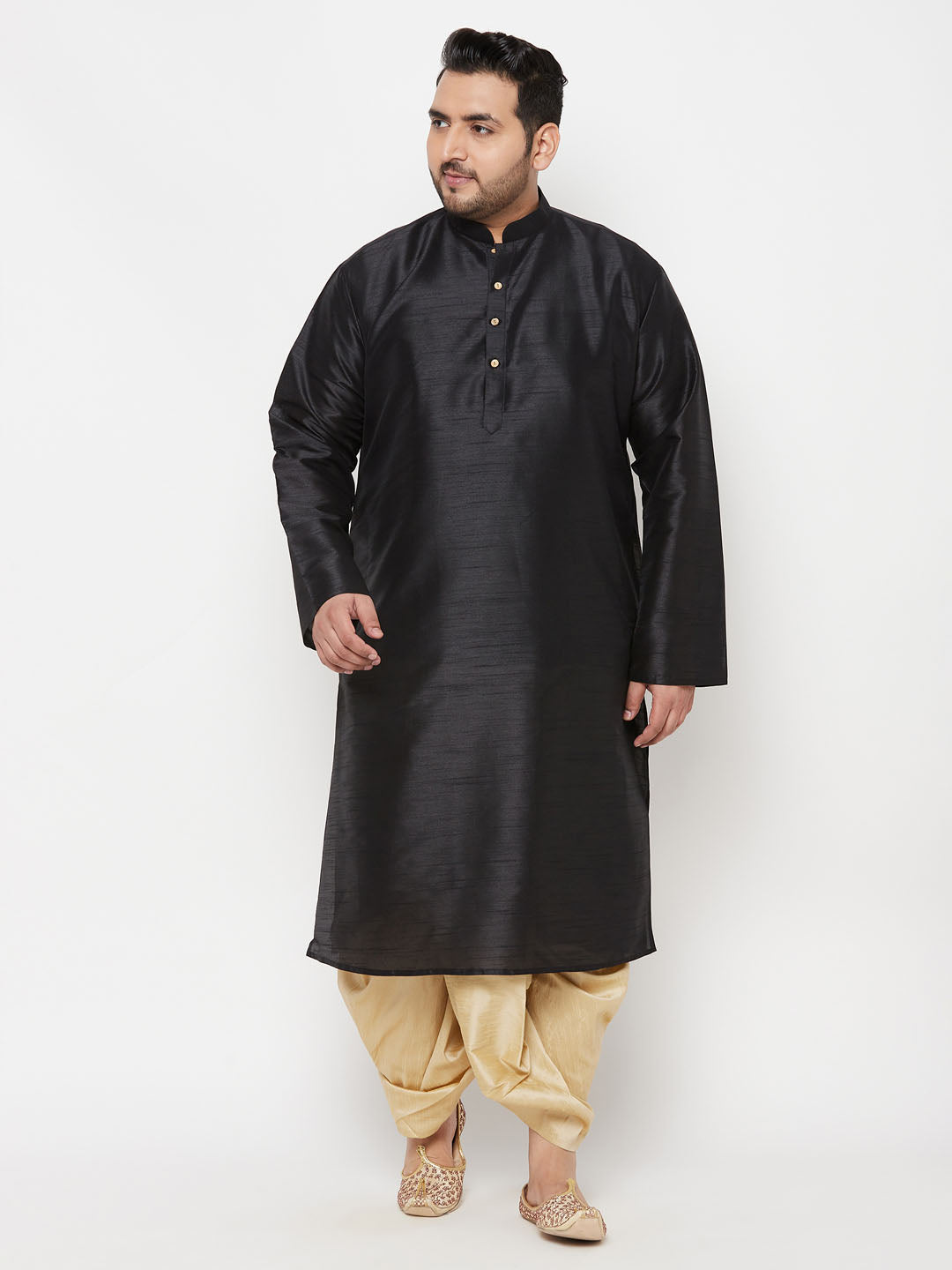 Men's Plus Size Black Silk Blend Kurta And Gold Dhoti Set