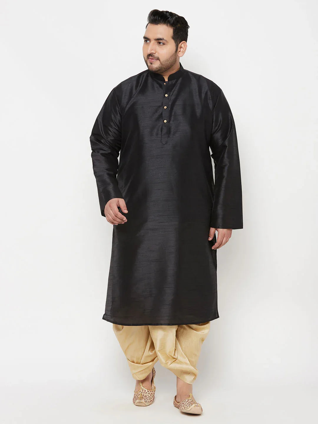 Men's Plus Size Black Silk Blend Kurta And Gold Dhoti Set