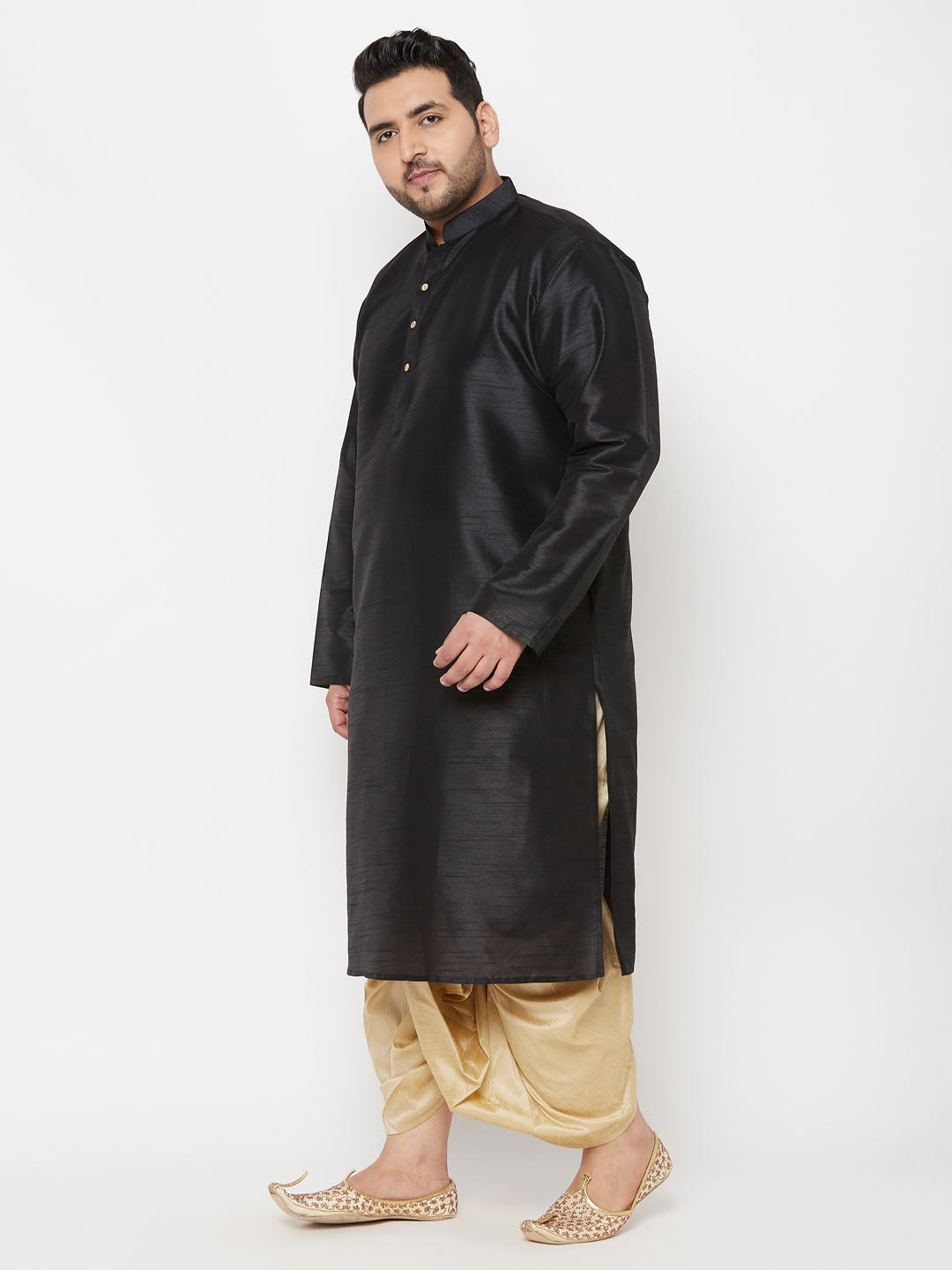 Men's Plus Size Black Silk Blend Kurta And Gold Dhoti Set