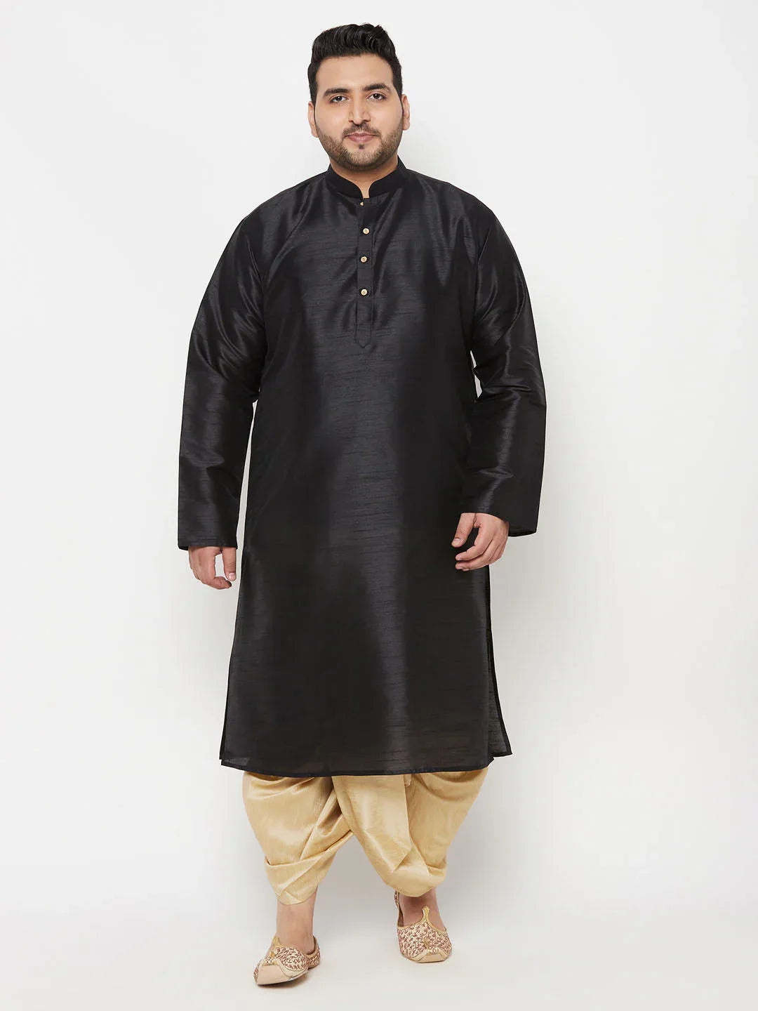 Men's Plus Size Black Silk Blend Kurta And Gold Dhoti Set