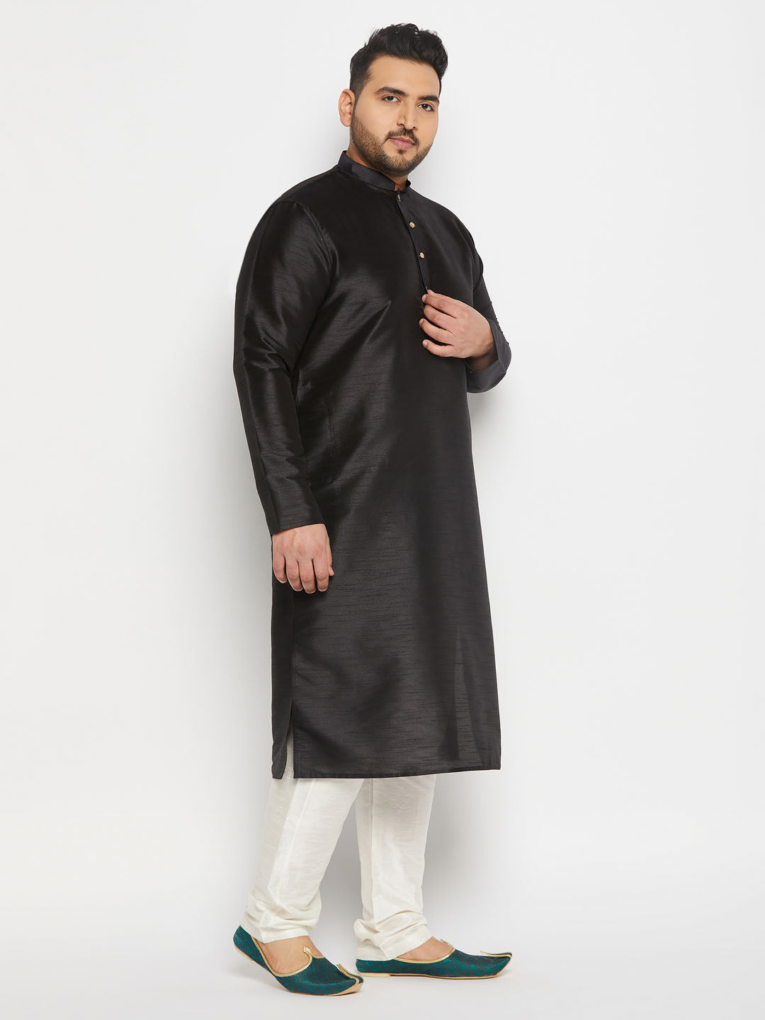 Men's Plus Size Black Silk Blend Kurta And Cream Pant Style Pyjama Set