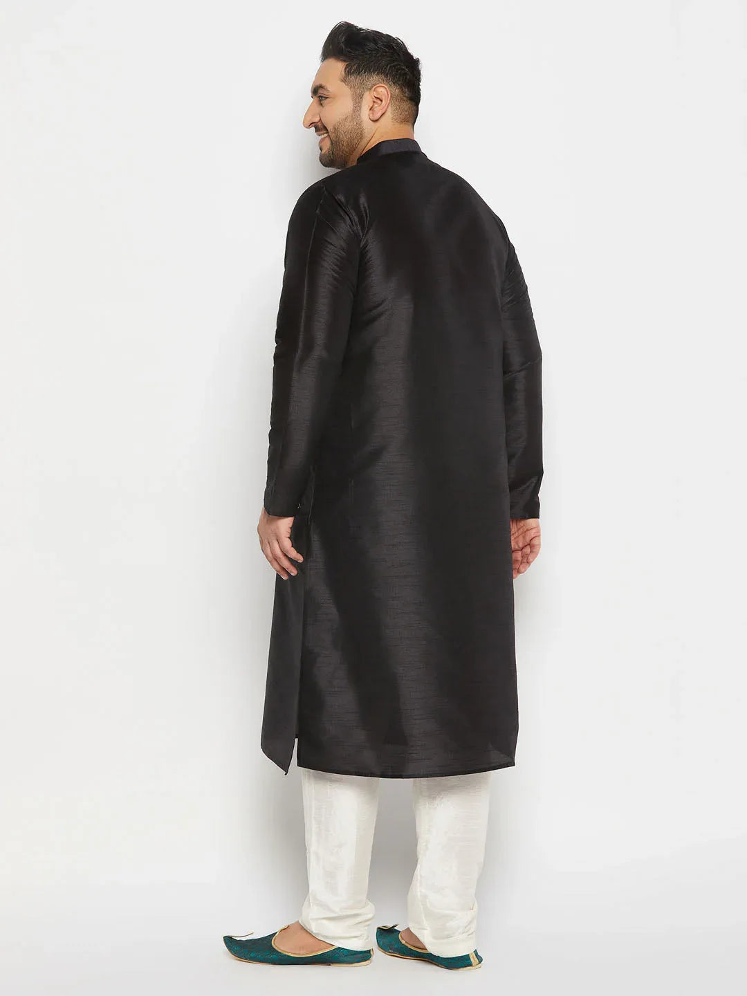 Men's Plus Size Black Silk Blend Kurta And Cream Pant Style Pyjama Set