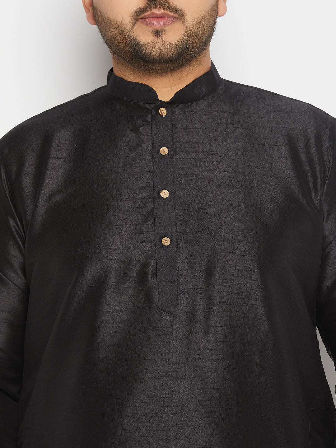 Men's Plus Size Black Silk Blend Kurta And Cream Pant Style Pyjama Set