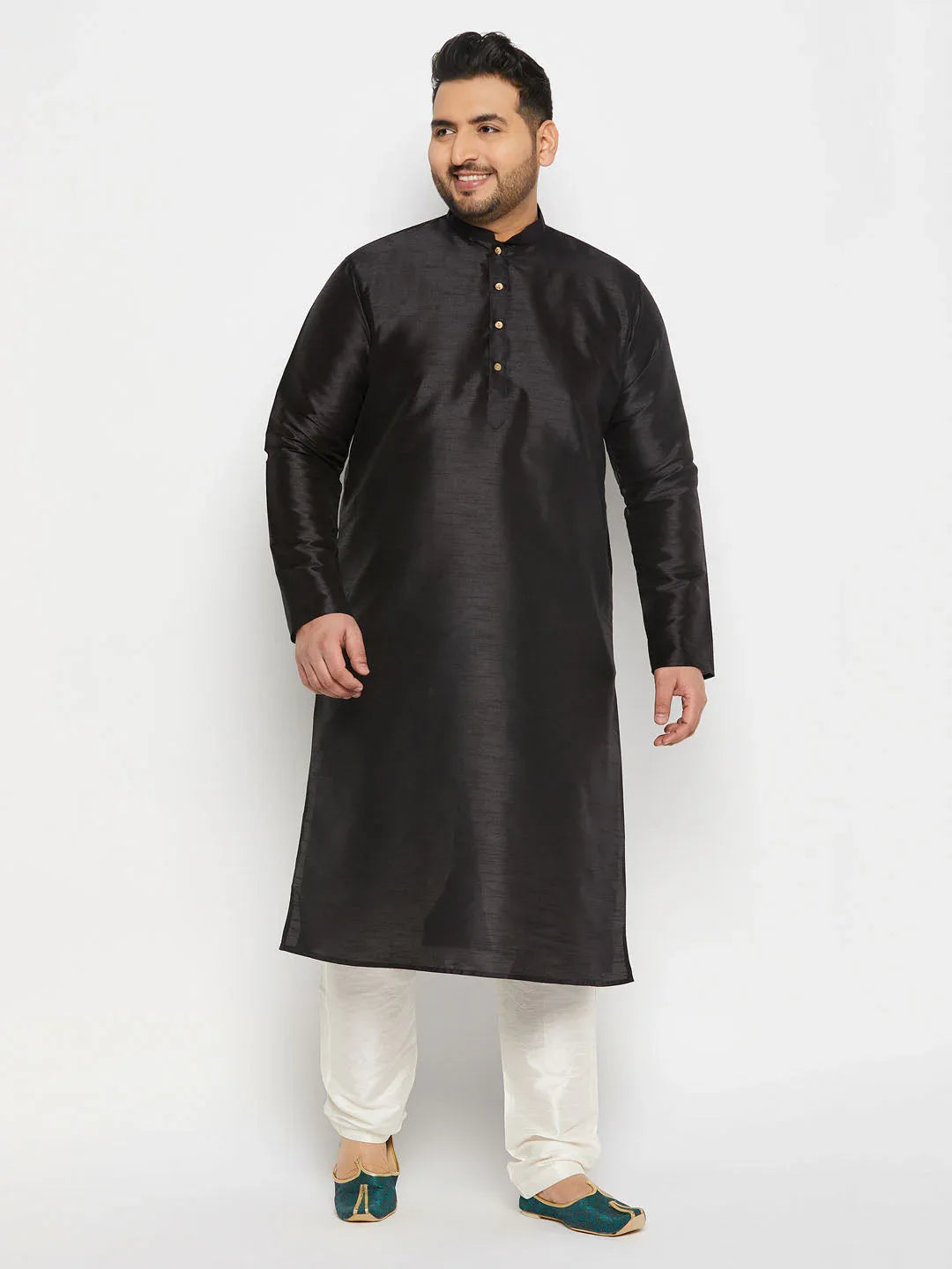 Men's Plus Size Black Silk Blend Kurta And Cream Pant Style Pyjama Set