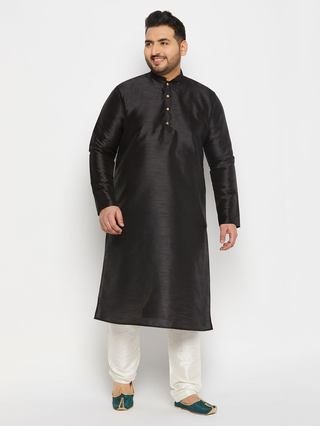 Men's Plus Size Black Silk Blend Kurta And Cream Pant Style Pyjama Set