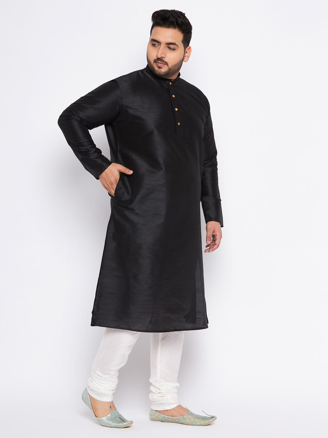 Men's Plus Size Black Cotton Silk Blend Kurta And Cream Pyjama Set