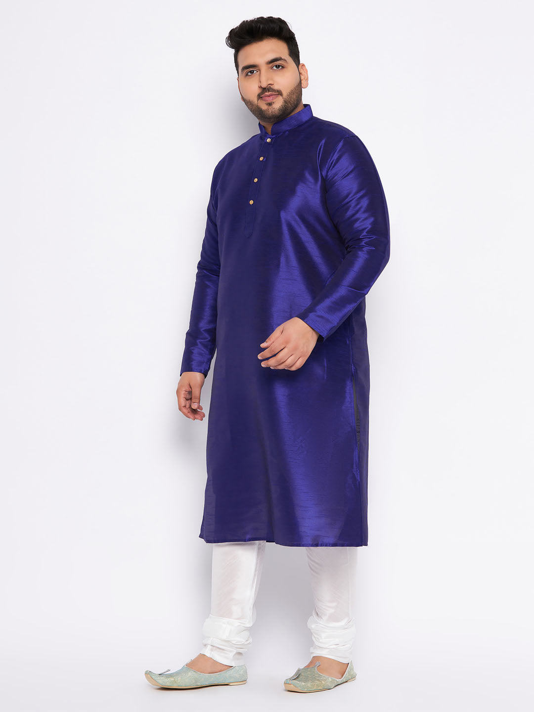 Men's Plus Size Dark Blue Silk Blend Kurta And White Pyjama Set