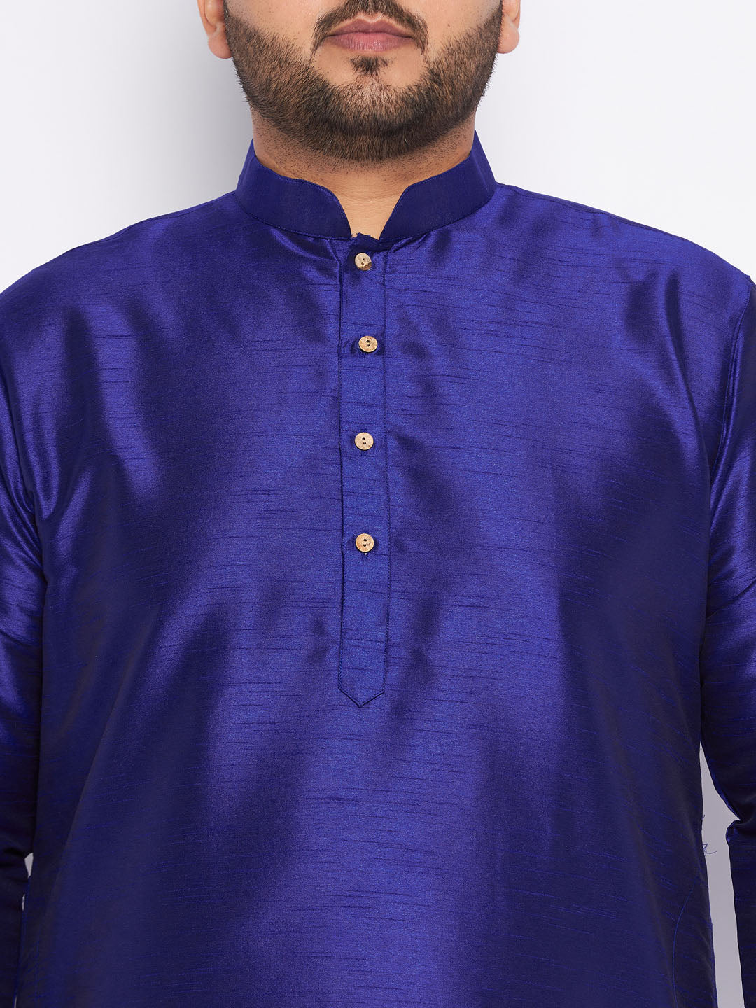Men's Plus Size Dark Blue Silk Blend Kurta And White Pyjama Set