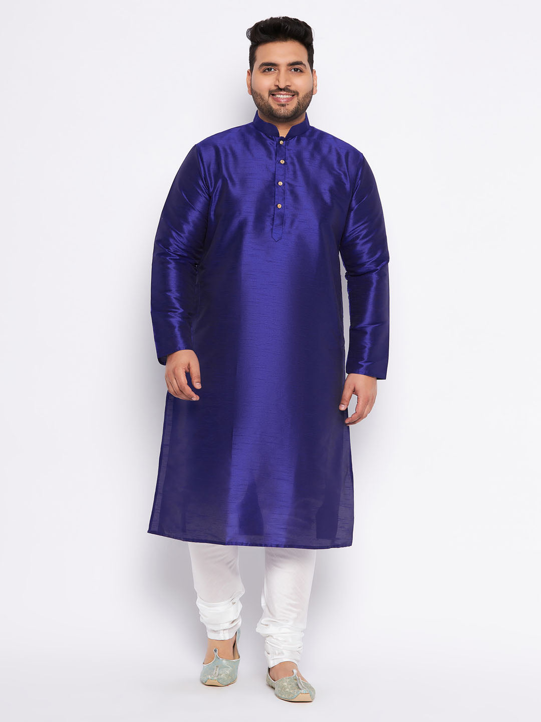 Men's Plus Size Dark Blue Silk Blend Kurta And White Pyjama Set