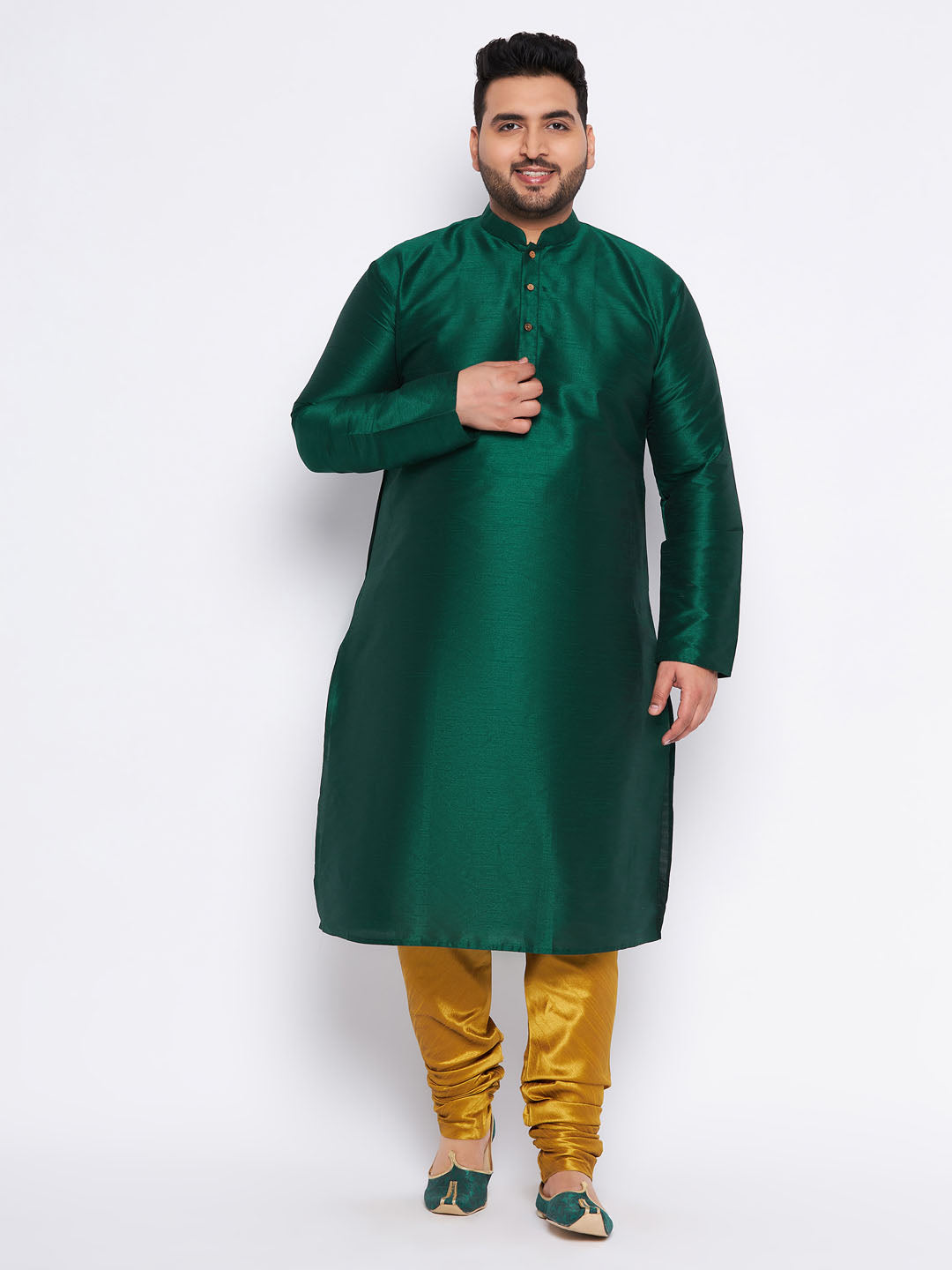 Men's Plus Size Green Silk Blend Kurta And Mustard Pyjama Set