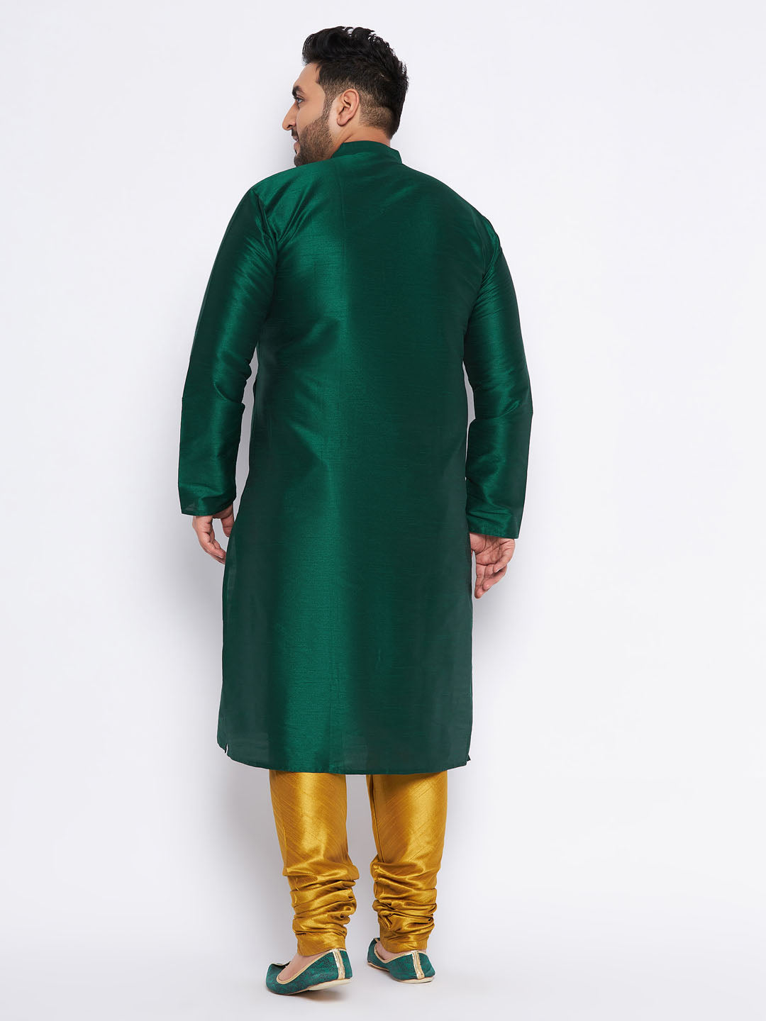 Men's Plus Size Green Silk Blend Kurta And Mustard Pyjama Set