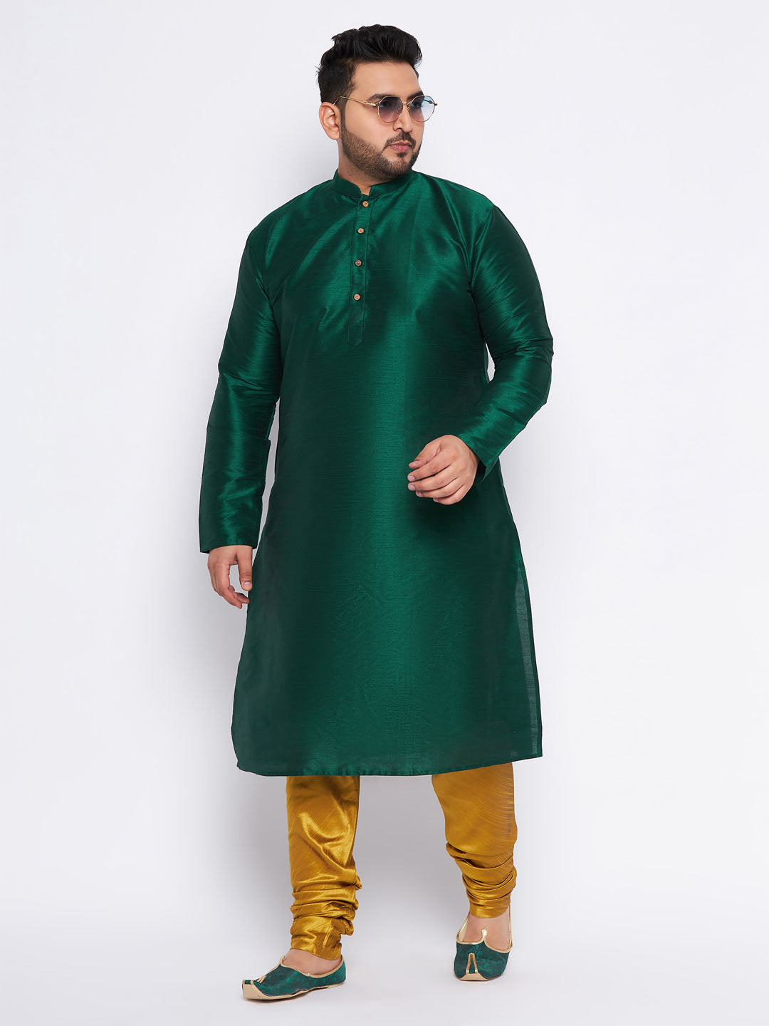 Men's Plus Size Green Silk Blend Kurta And Mustard Pyjama Set