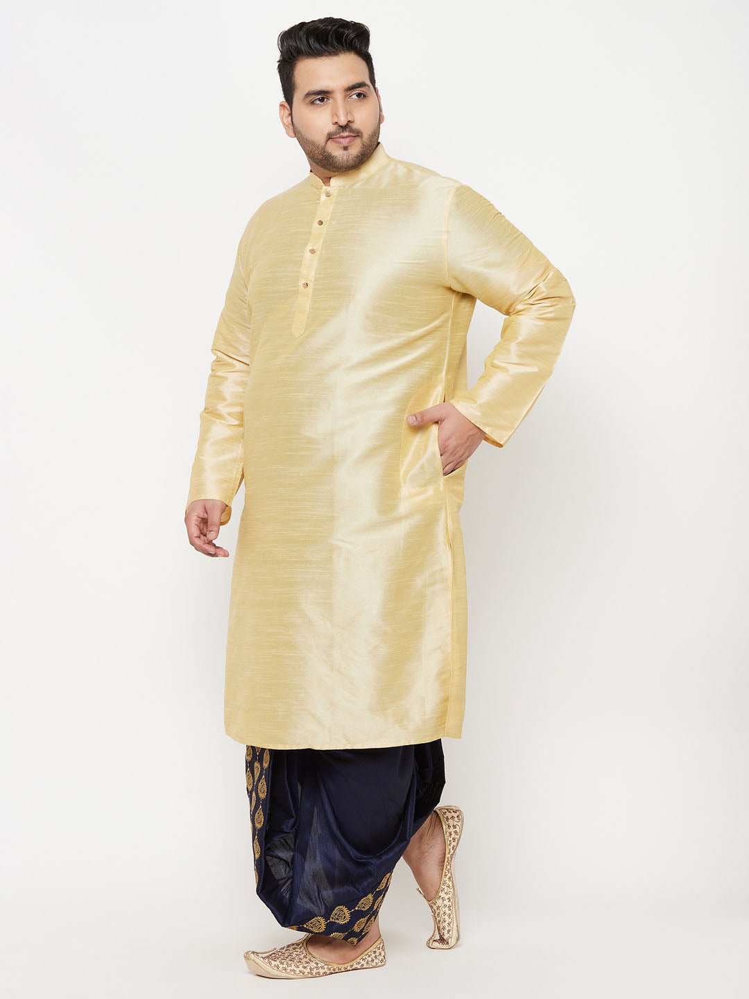 Men's Plus Size Gold Silk Blend Kurta And Navy Blue Dhoti Set