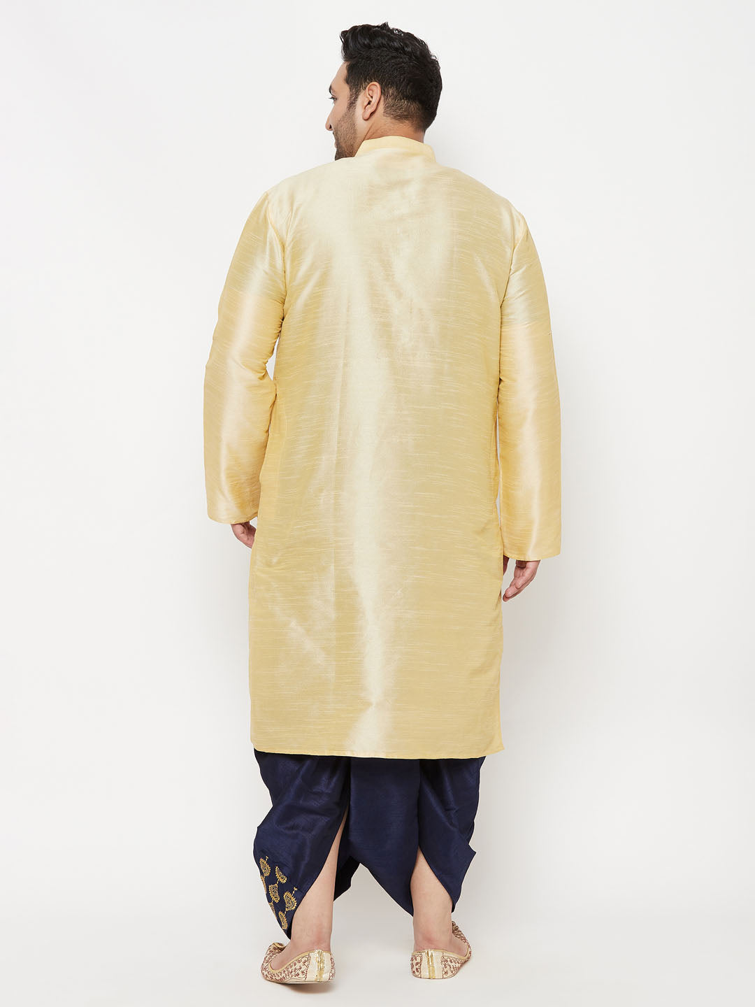 Men's Plus Size Gold Silk Blend Kurta And Navy Blue Dhoti Set