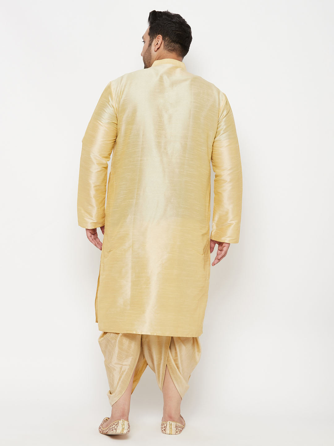 Men's Plus Size Gold Silk Blend Kurta And Gold Dhoti Set