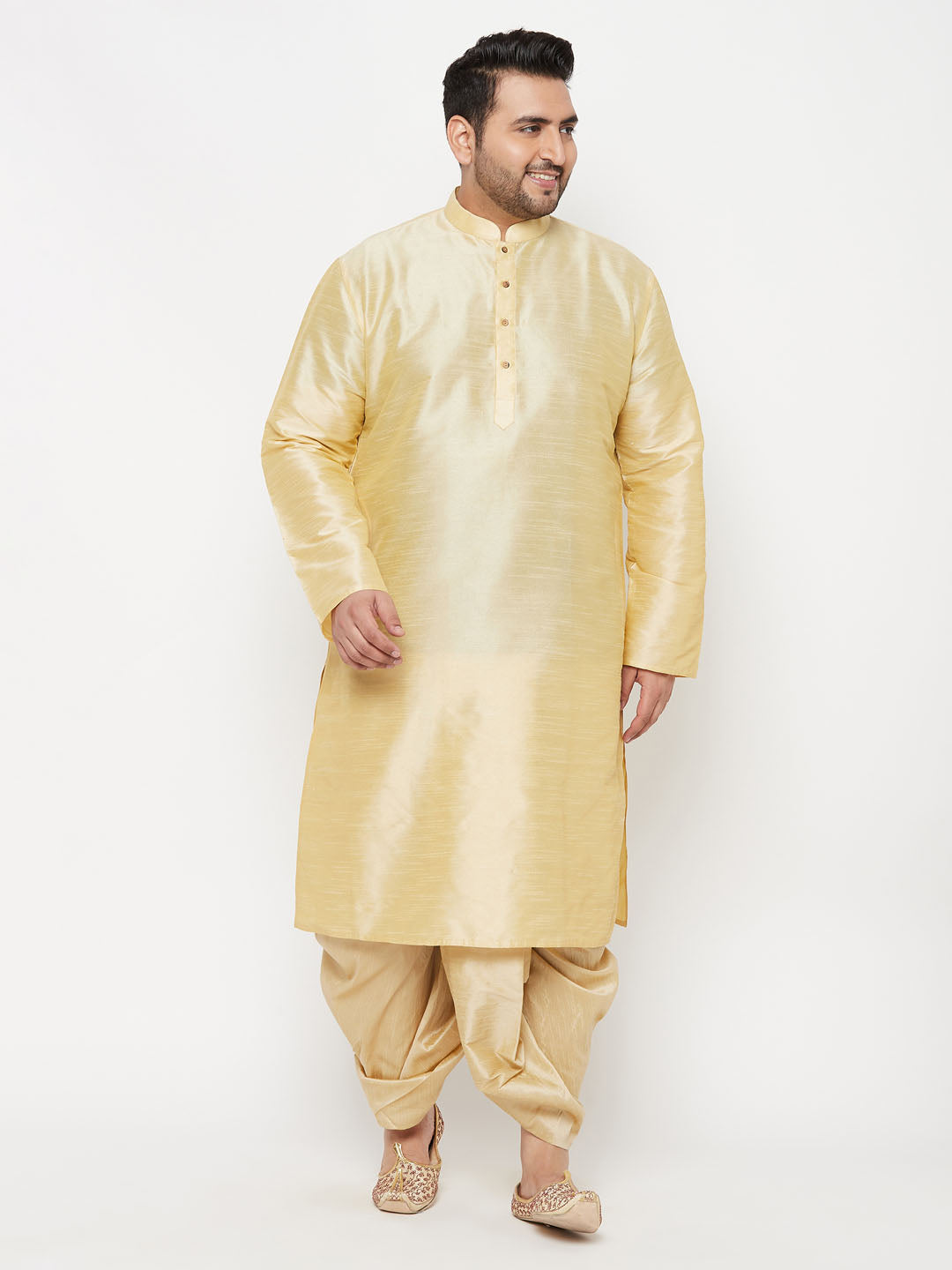 Men's Plus Size Gold Silk Blend Kurta And Gold Dhoti Set