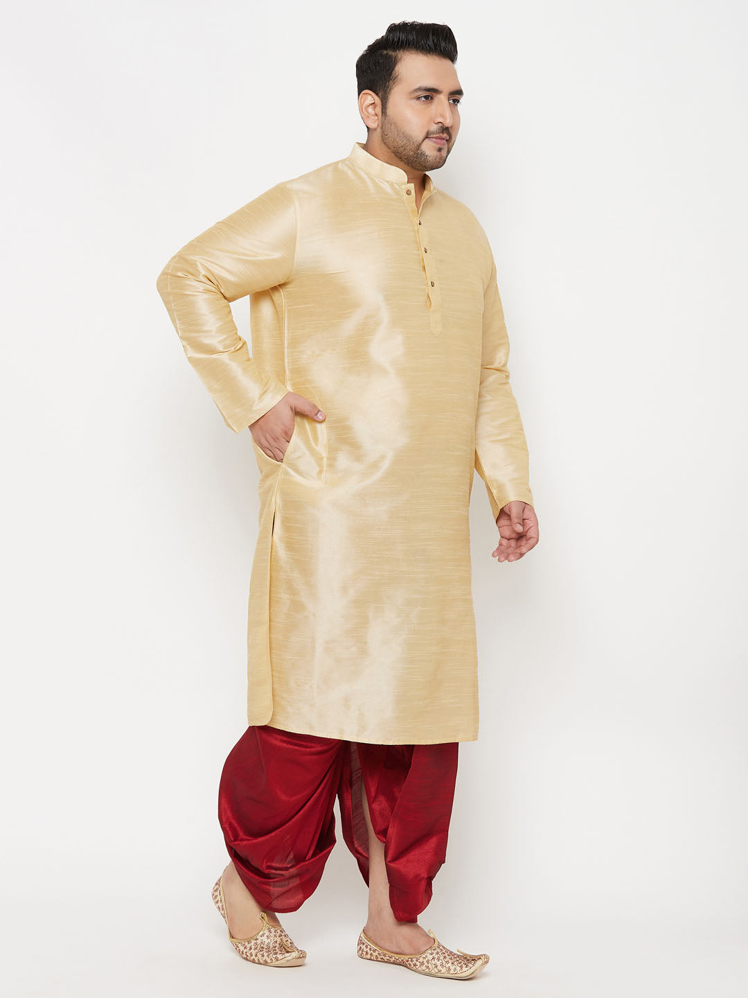 Men's Plus Size Gold Silk Blend Kurta And Maroon Solid Dhoti Set