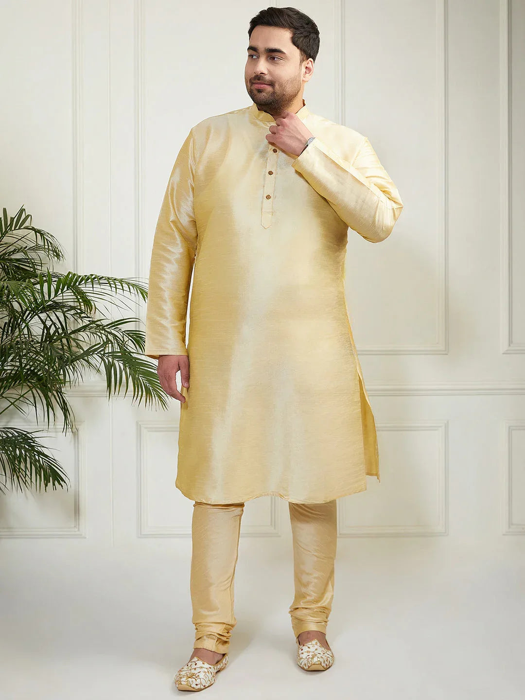 Plus Men's Gold Silk Blend Kurta, Pyjama