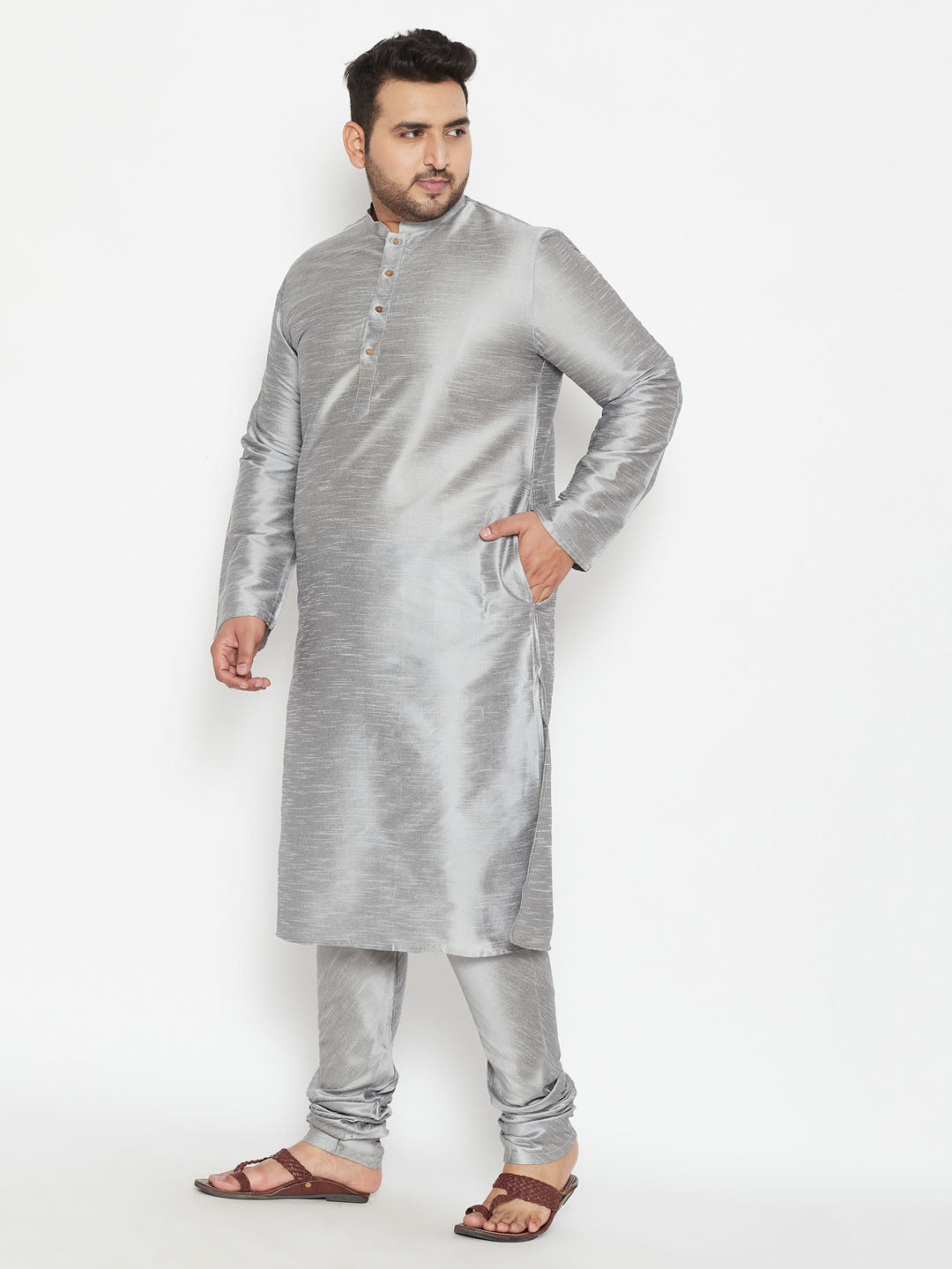 Men's Plus Size Grey Silk Blend Kurta Pyjama Set