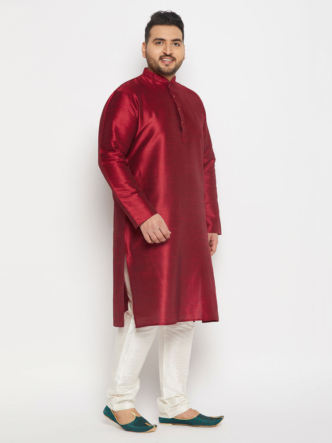 Men's Plus Size Maroon Silk Blend Kurta And Cream Pant Style Pyjama Set