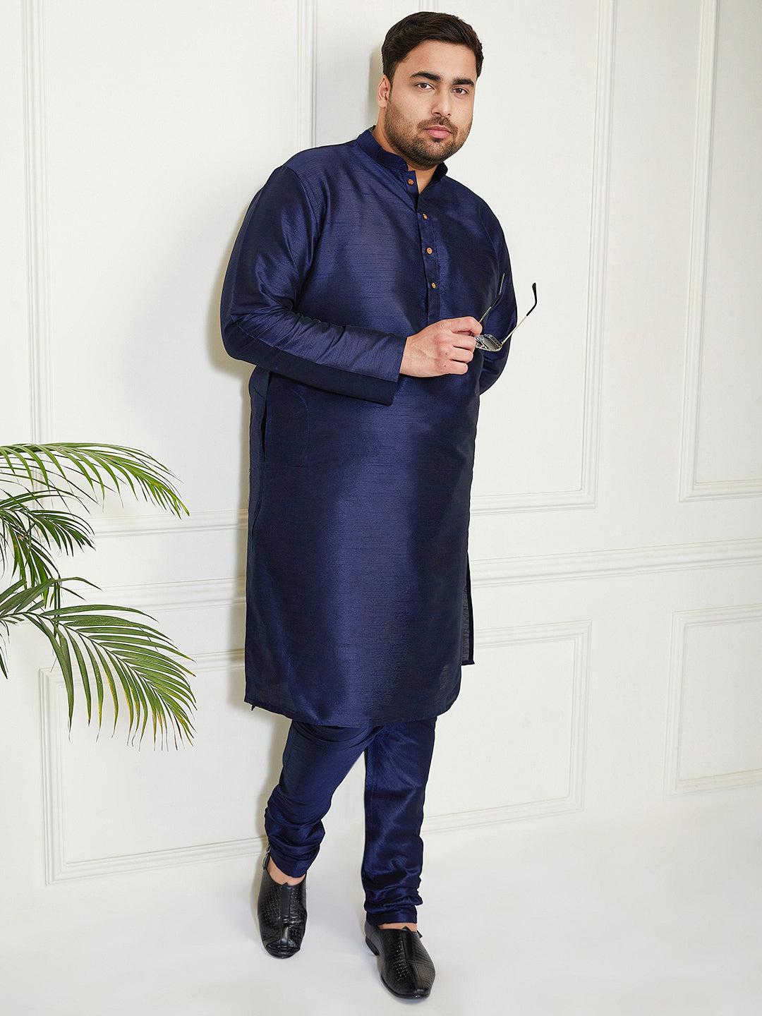Plus Men's Navy Blue Silk Blend Kurta