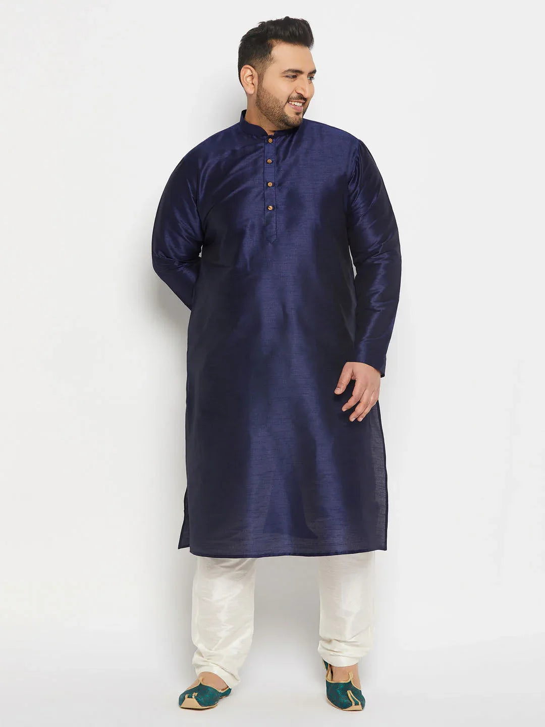 Men's Plus Size Navy Blue Silk Blend Kurta And Cream Pant Style Pyjama Set