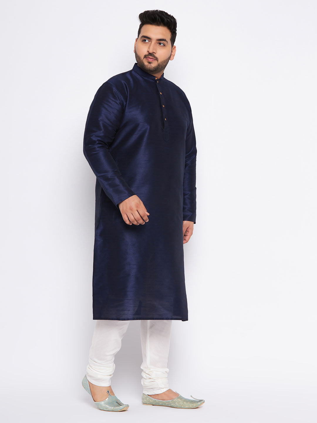 Men's Plus Size Navy Blue Silk Blend Kurta And Cream Pyjama Set