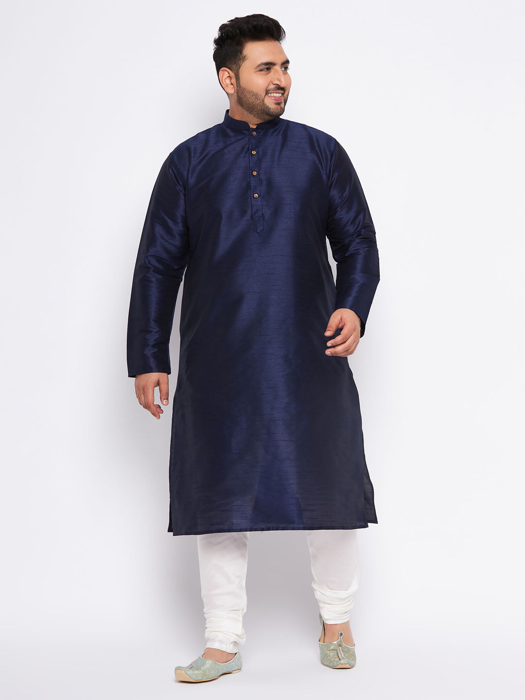 Men's Plus Size Navy Blue Silk Blend Kurta And Cream Pyjama Set