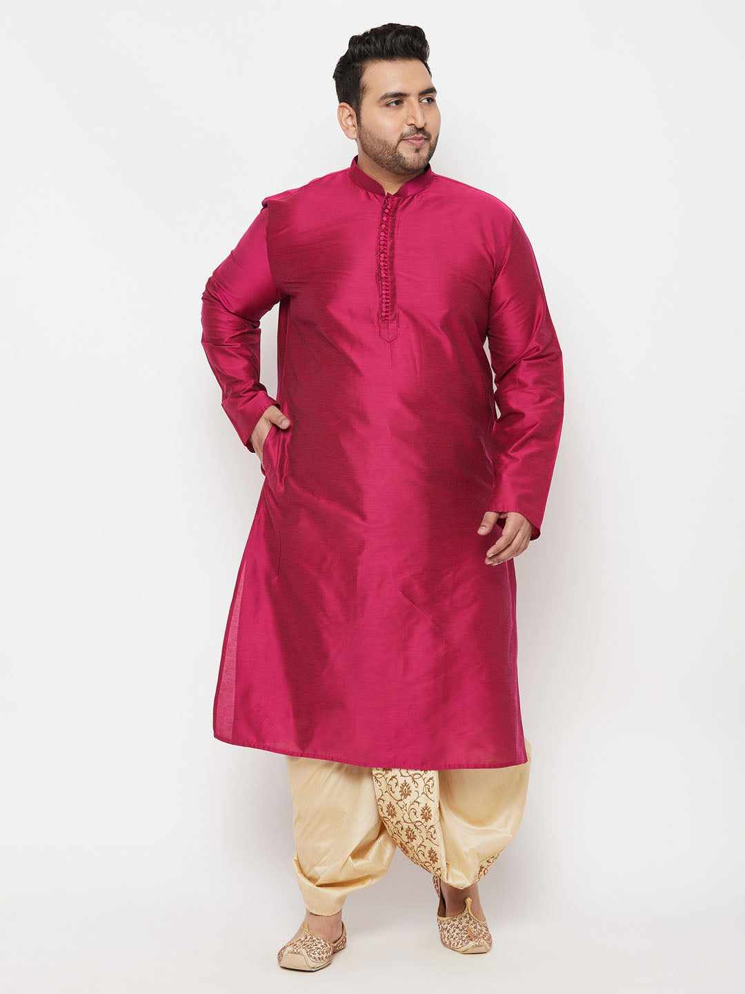 Men's Plus Size Fuchsia Silk Blend Kurta And Gold Dhoti Set