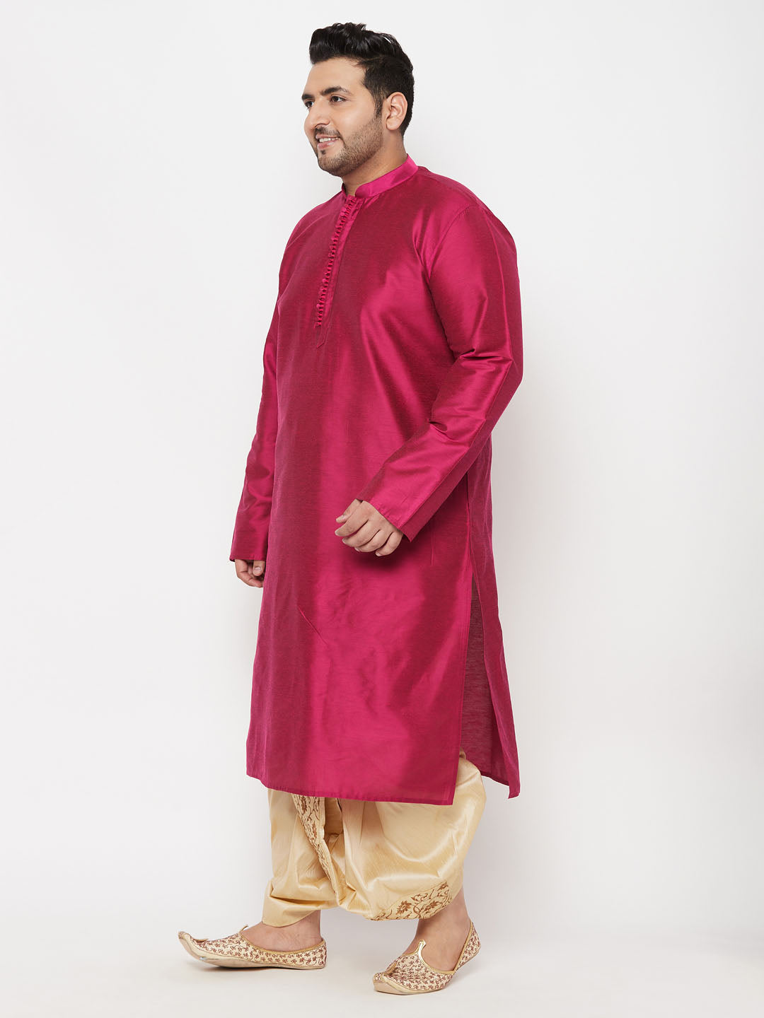 Men's Plus Size Fuchsia Silk Blend Kurta And Gold Dhoti Set