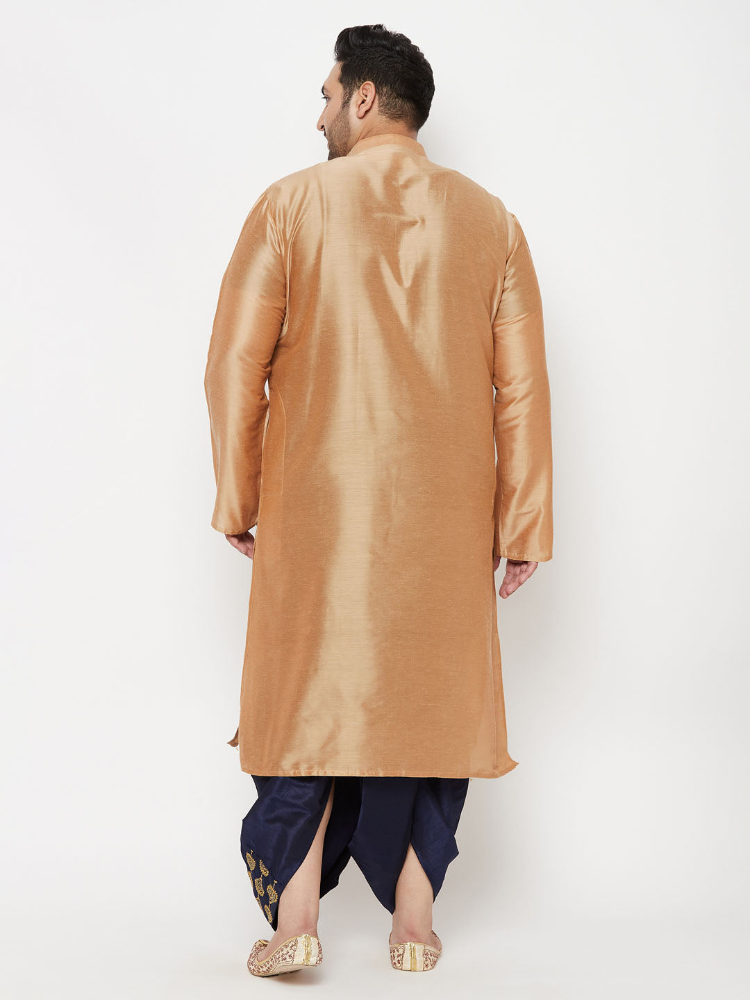 Men's Plus Size Viscose Rose Gold Silk Blend Kurta And Navy Blue Dhoti Set