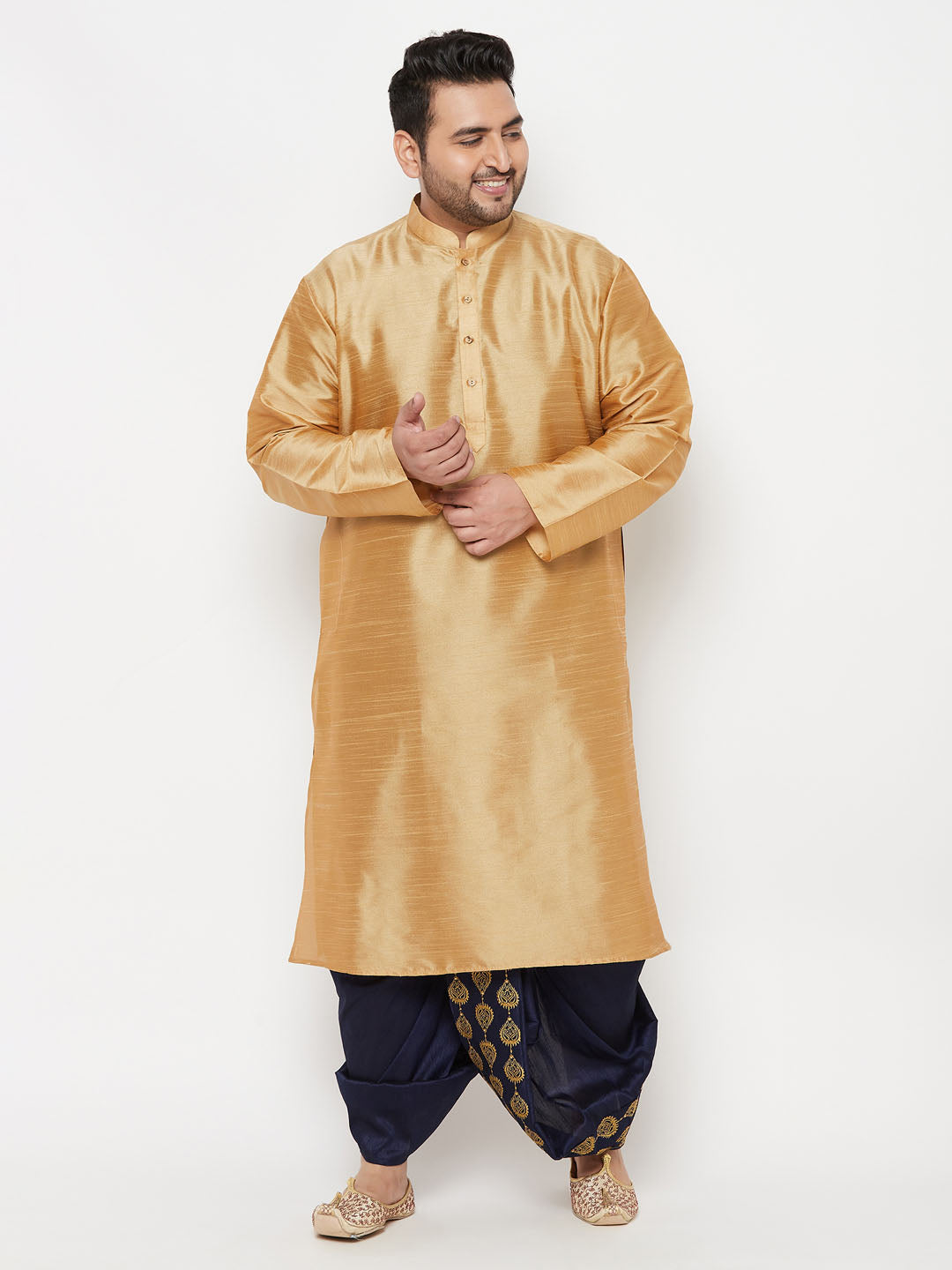 Men's Plus Size Rose Gold Silk Blend Kurta And Navy Blue Dhoti Set