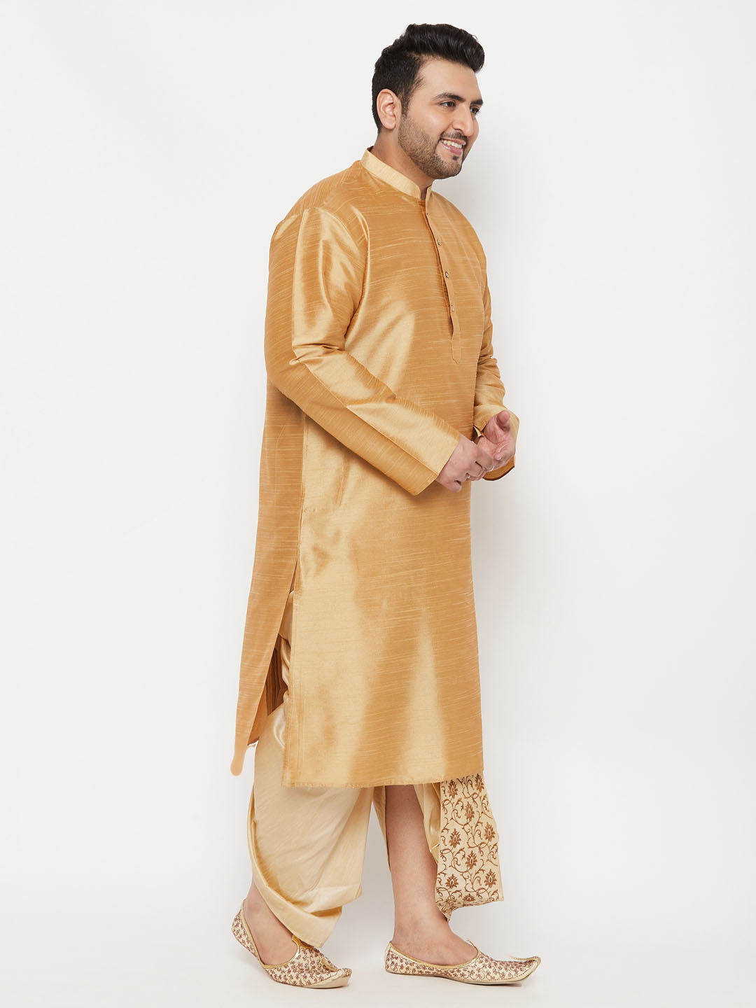 Men's Plus Size Rose Gold Silk Blend Kurta And Gold Dhoti Set