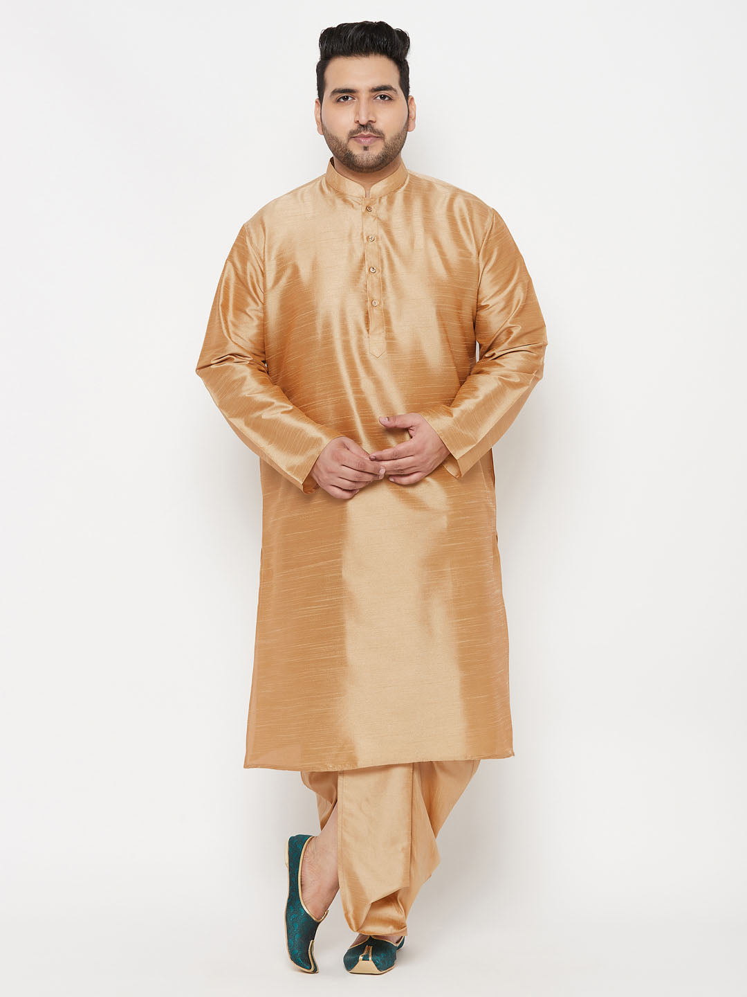 Men's Plus Size Rose Gold Silk Blend Kurta And Rose Gold Dhoti Set