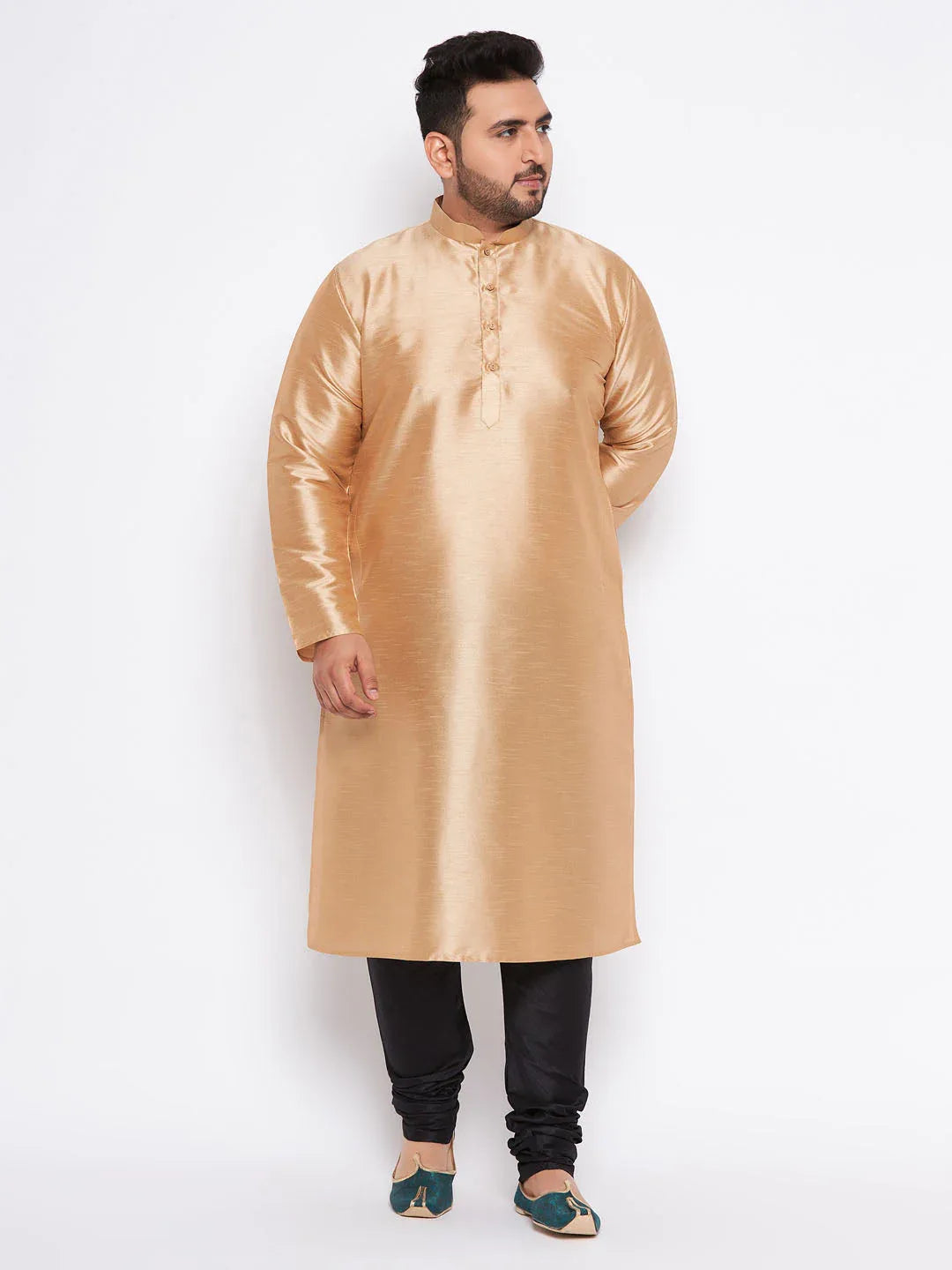 Men's Plus Size Rose Gold Silk Blend Kurta And Black Pyjama Set