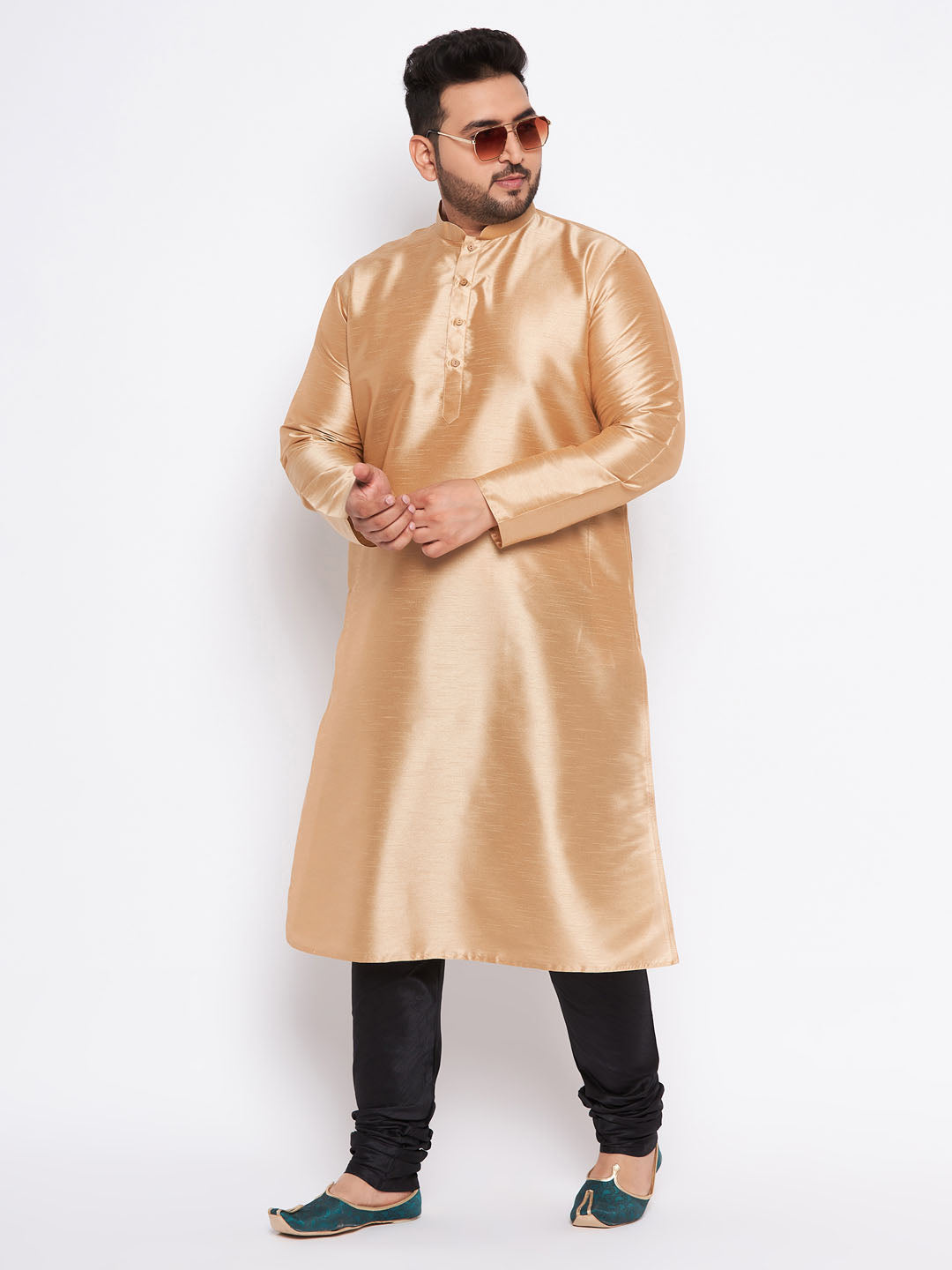 Men's Plus Size Rose Gold Silk Blend Kurta And Black Pyjama Set