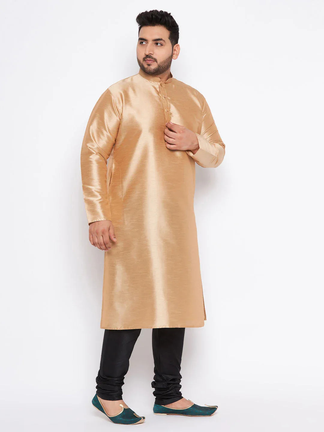 Men's Plus Size Rose Gold Silk Blend Kurta And Black Pyjama Set