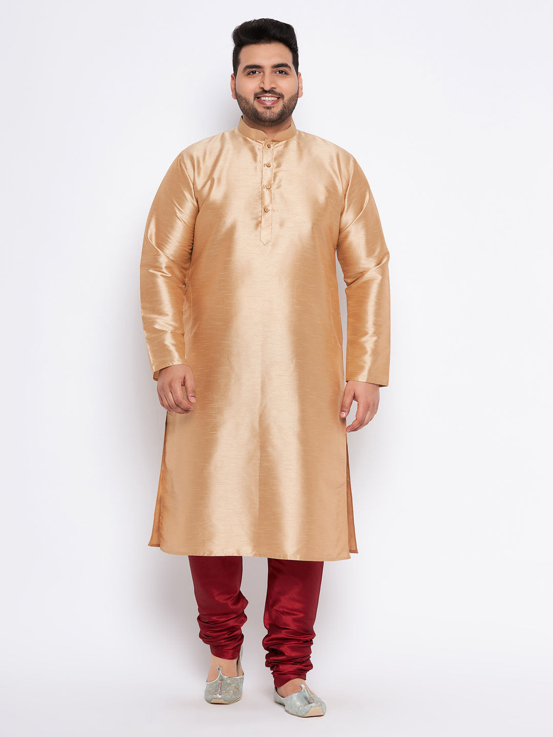 Men's Plus Size Rose Gold Silk Blend Kurta And Maroon Pyjama Set