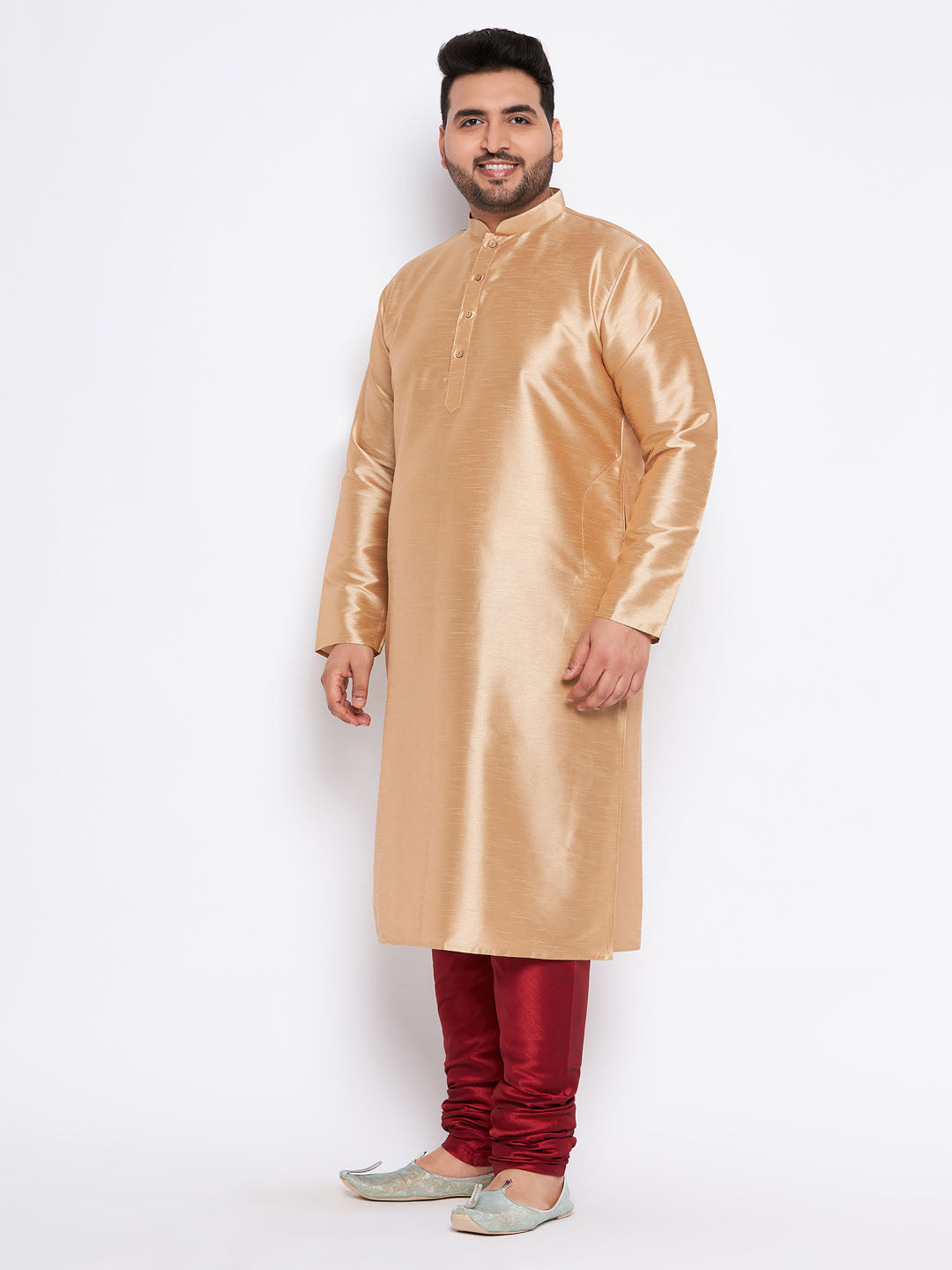 Men's Plus Size Rose Gold Silk Blend Kurta And Maroon Pyjama Set