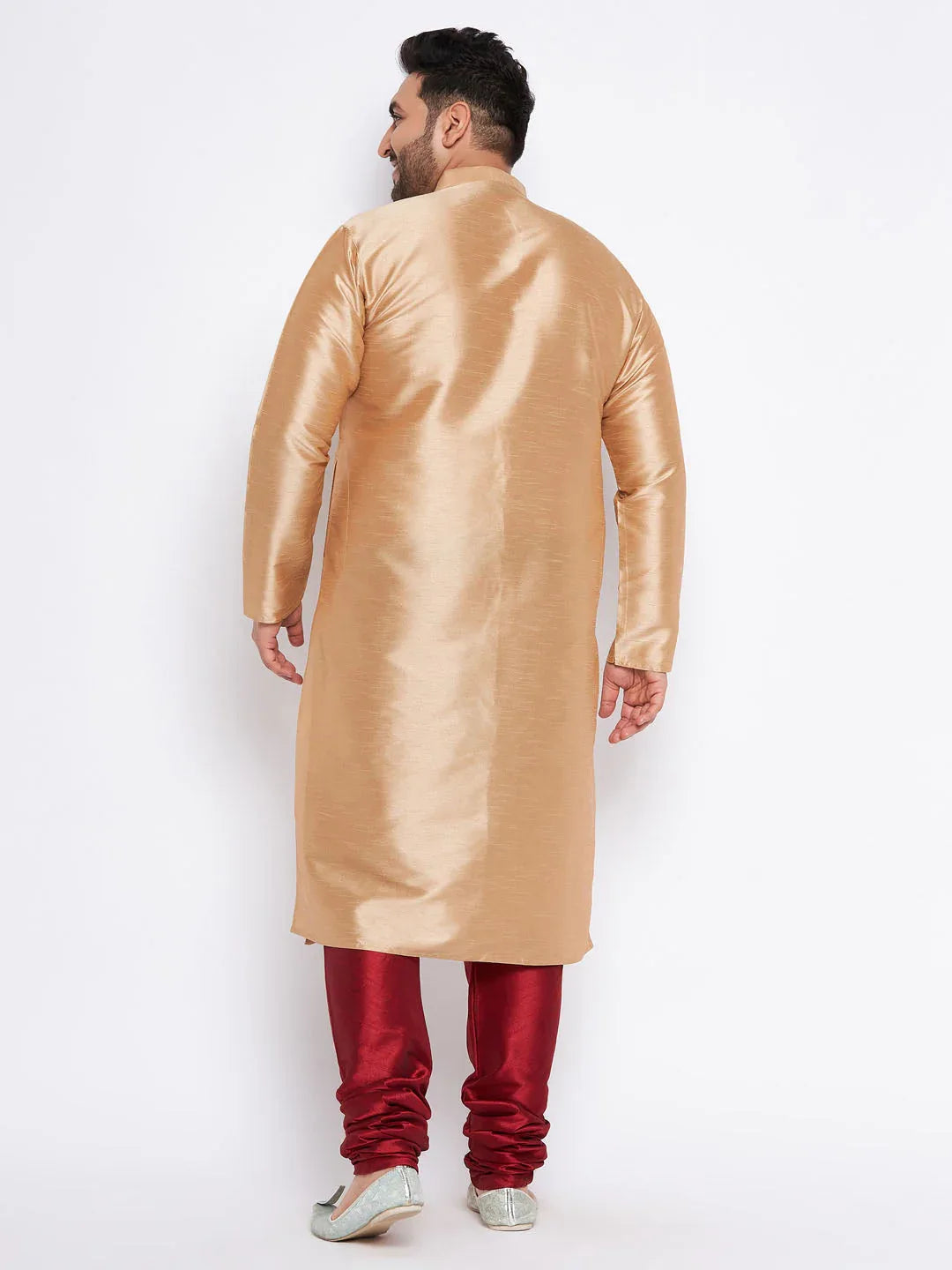 Men's Plus Size Rose Gold Silk Blend Kurta And Maroon Pyjama Set