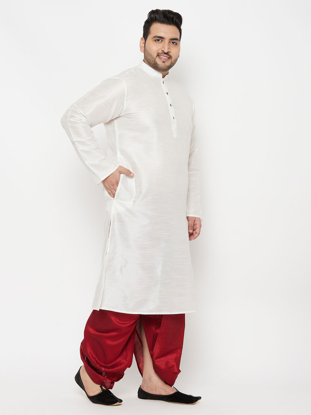 Men's Plus Size White Silk Blend Kurta And Maroon Solid Dhoti Set