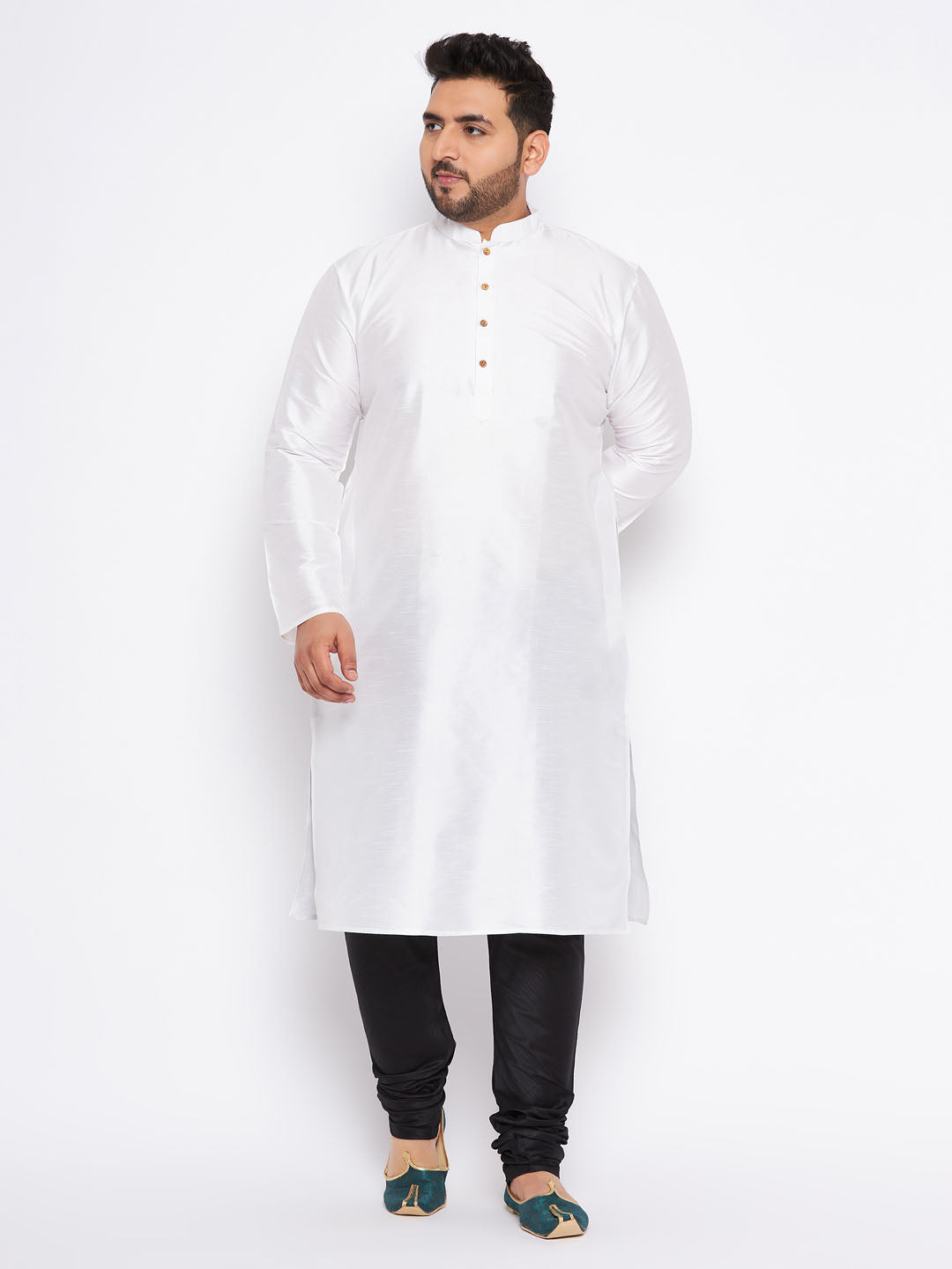 Men's Plus Size White Silk Blend Kurta And Black Pyjama Set