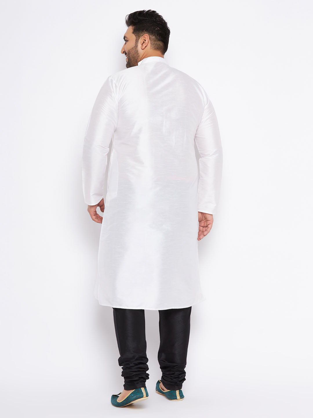 Men's Plus Size White Silk Blend Kurta And Black Pyjama Set