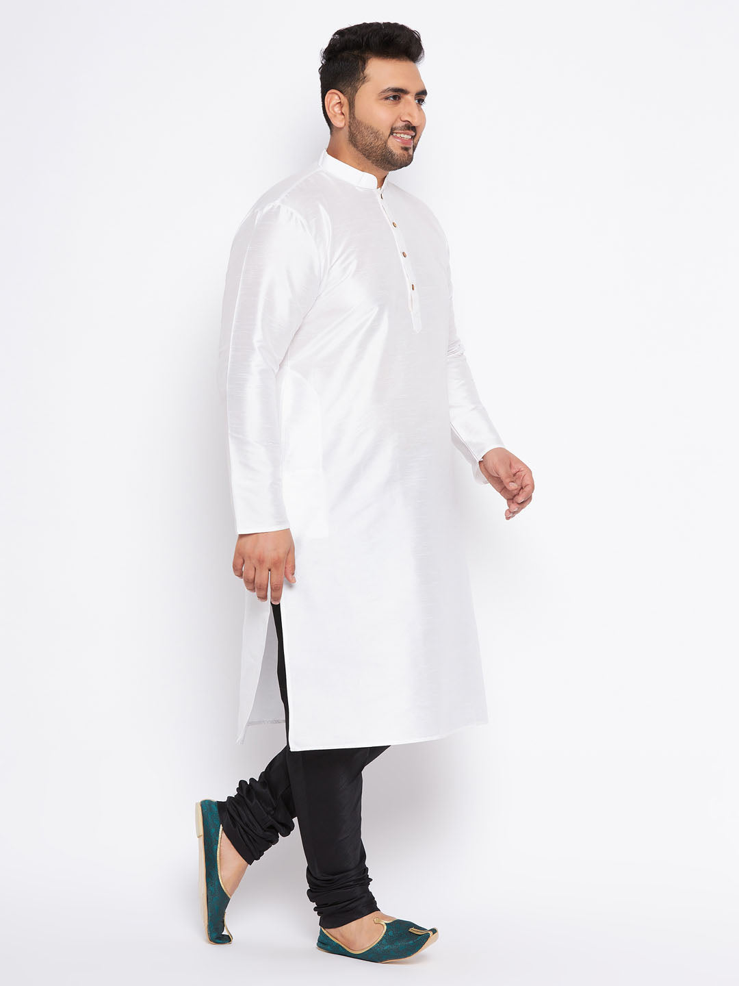 Men's Plus Size White Silk Blend Kurta And Black Pyjama Set