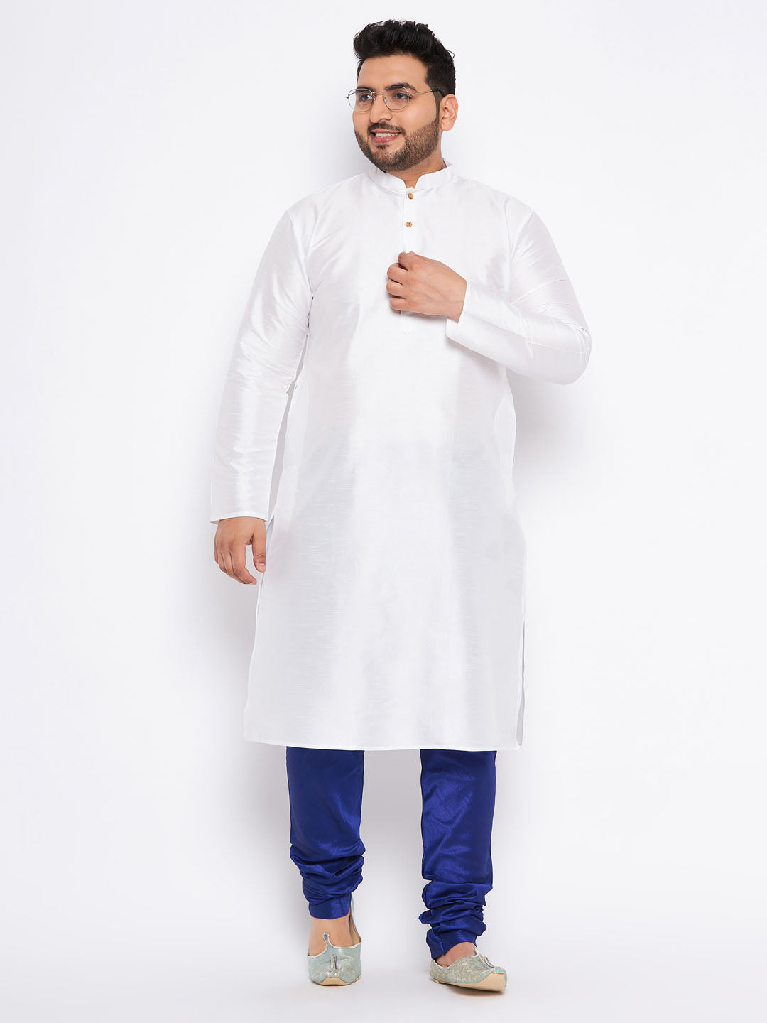 Men's Plus Size White Silk Blend Kurta And Blue Pyjama Set