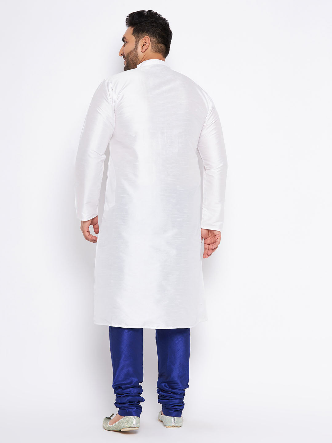 Men's Plus Size White Silk Blend Kurta And Blue Pyjama Set