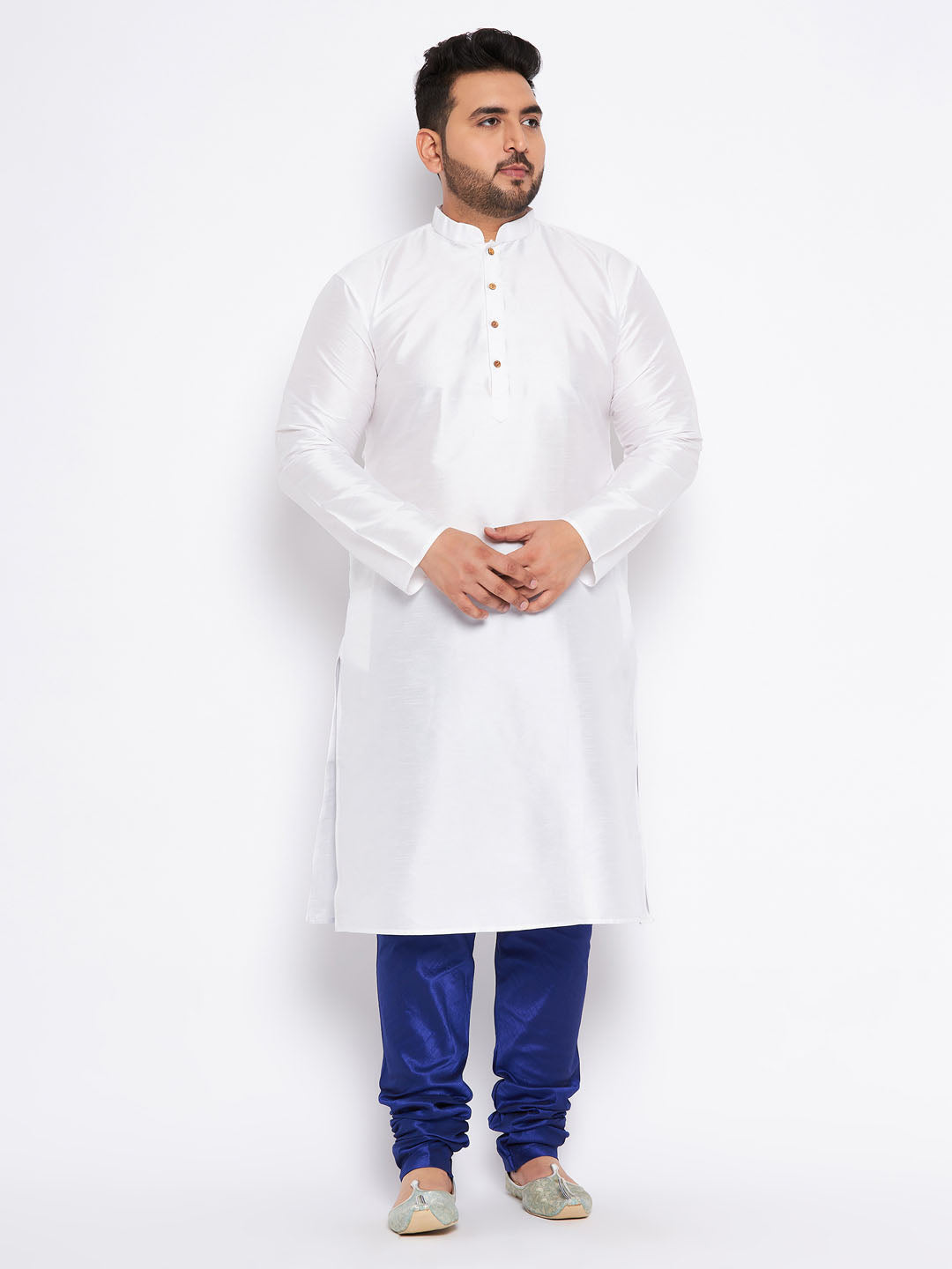Men's Plus Size White Silk Blend Kurta And Blue Pyjama Set