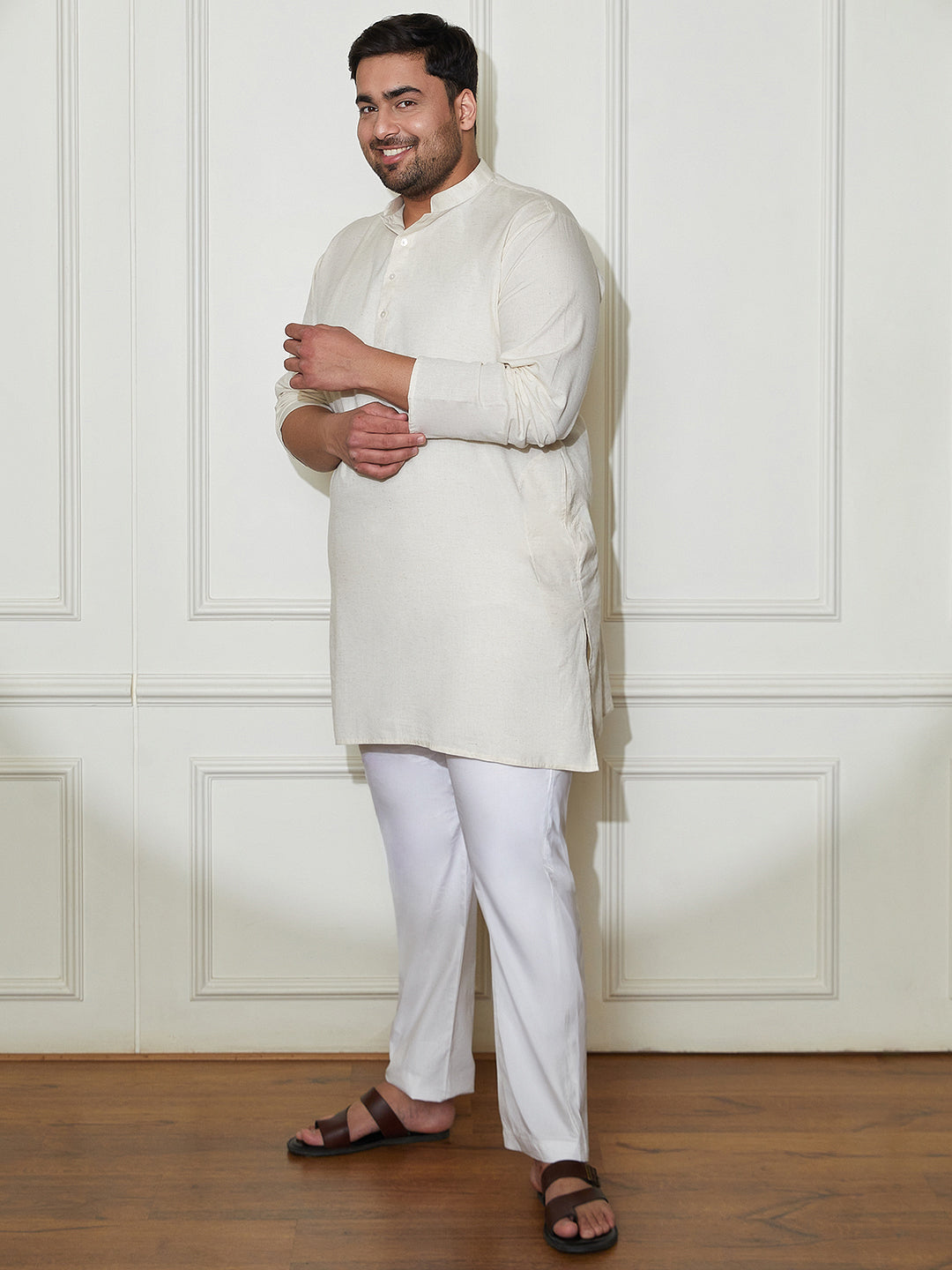 Plus Men's Cream Cotton Kurta Pyjama Set